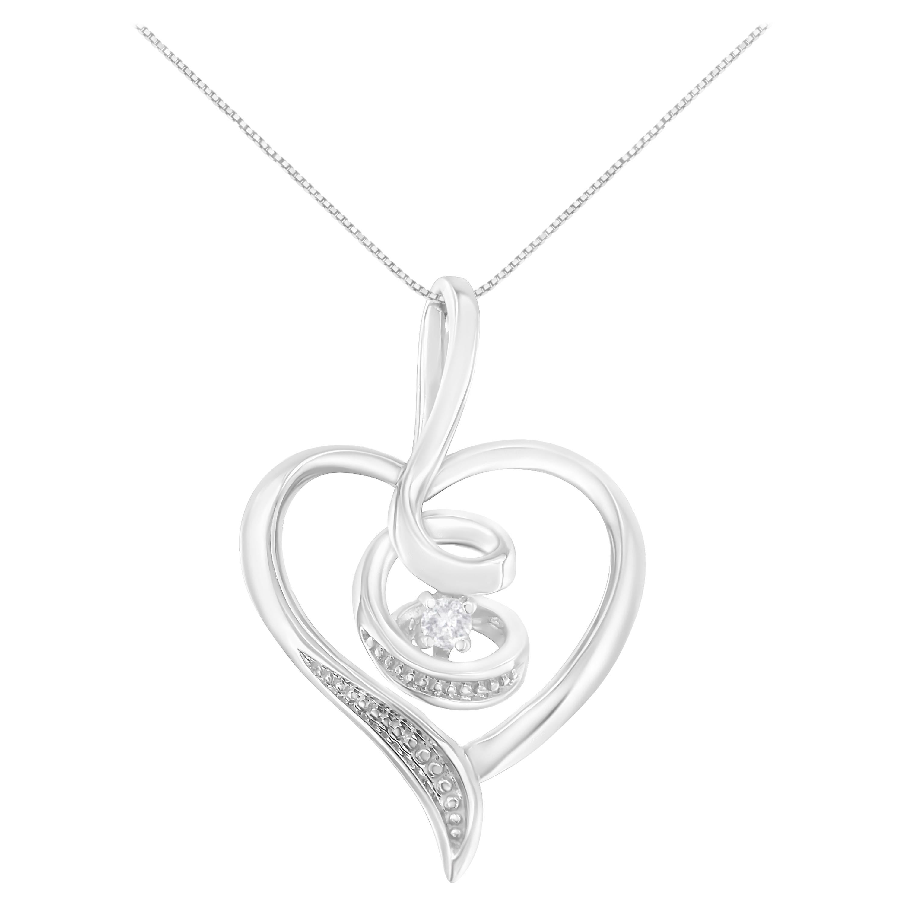 10K White Gold 1/25 Carat Round-Cut Diamond Swirl Heart Pendant Necklace For Sale