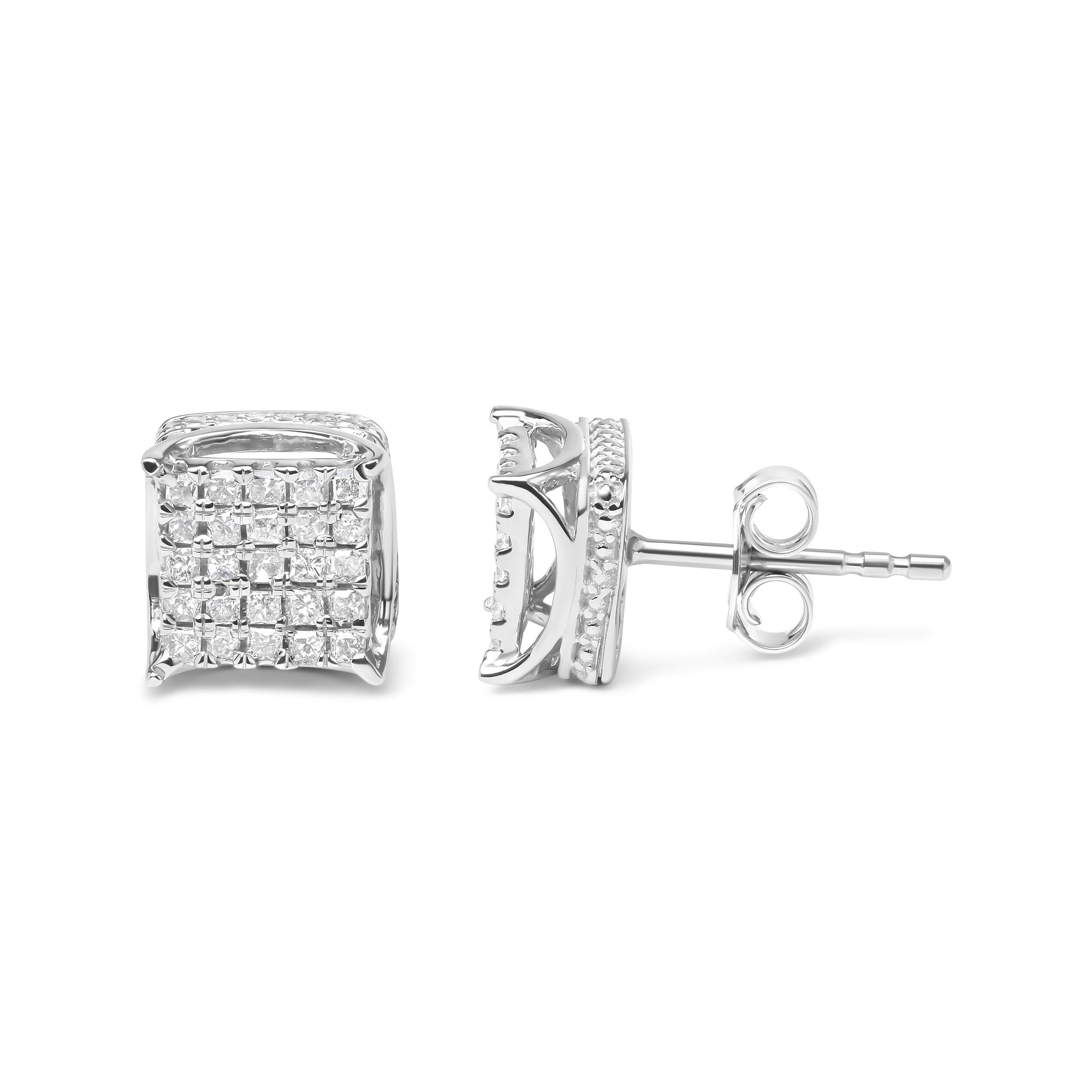 Moderne Boucles d'oreilles multi pierres en or blanc 10K 1/2ct Princesse Diamond Square Shaped Multi Stone Studring en vente