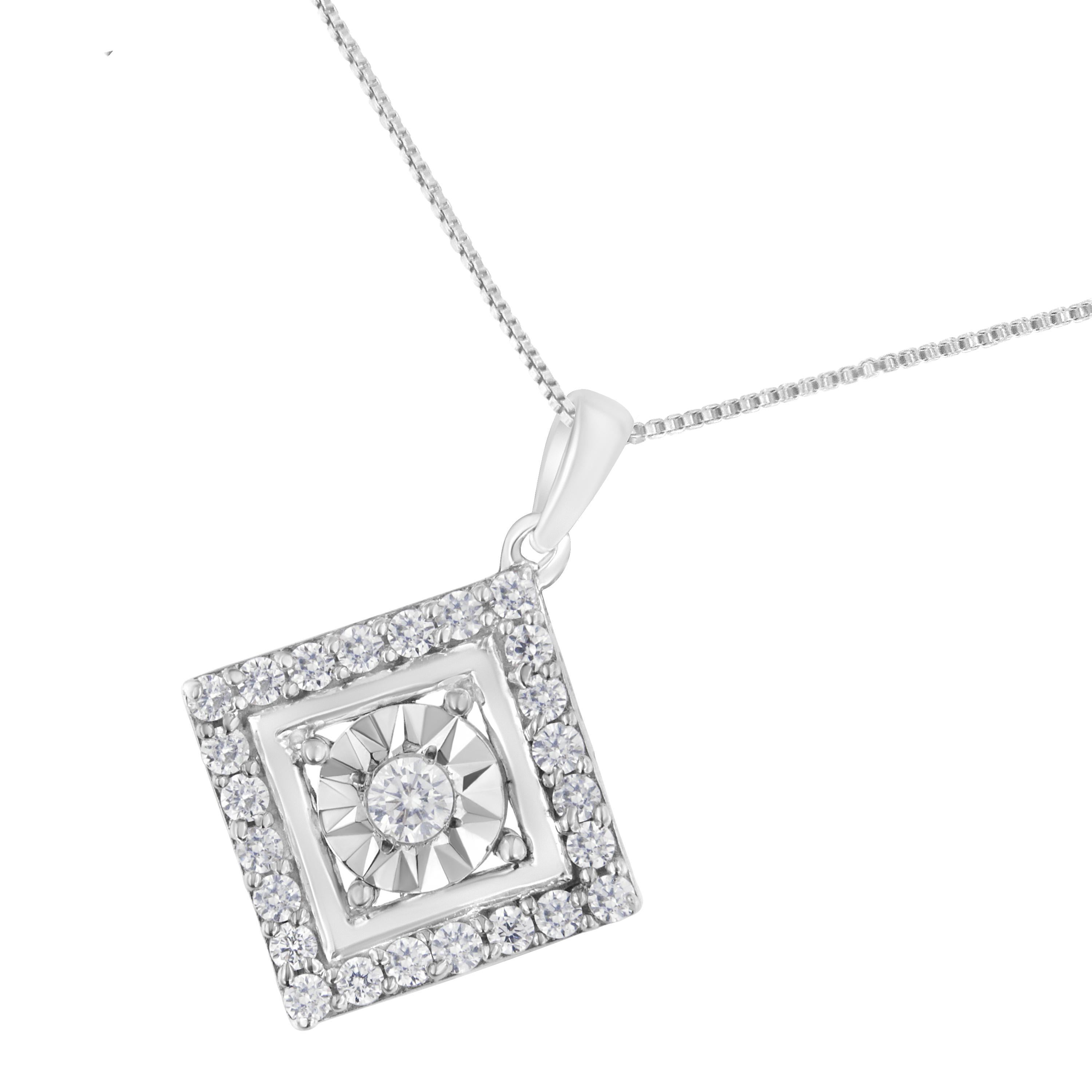 Round Cut 10k White Gold 1/2ct TDW Diamond Square Pendant Necklace 'I-J, I2-I3' For Sale