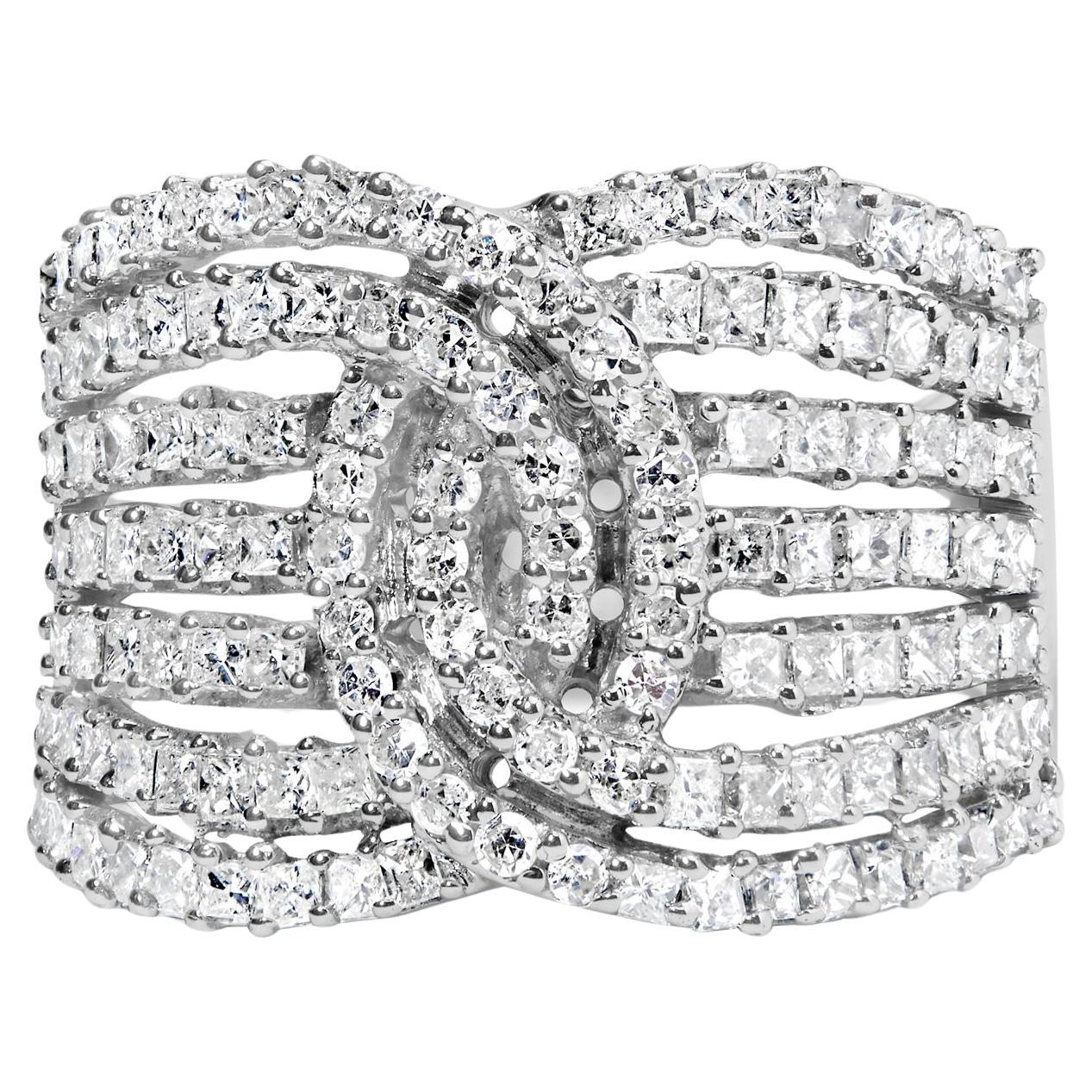 Anello a 7 file intrecciate con diamanti rotondi e principesse in oro bianco 10K da 1 3/4 Ctw