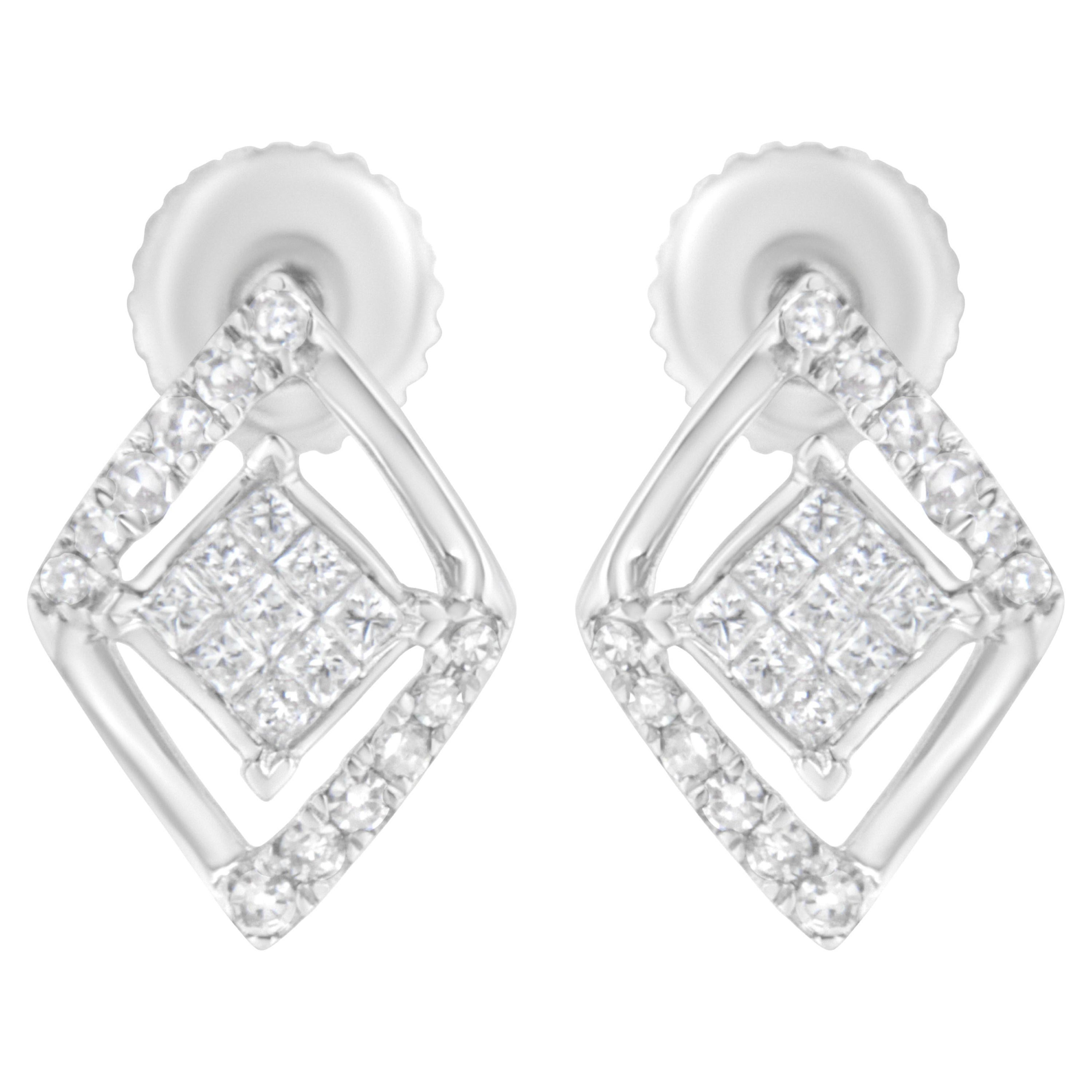Pendientes de oro blanco de 10 quilates con doble triángulo compuesto de diamantes de 1/3 quilates