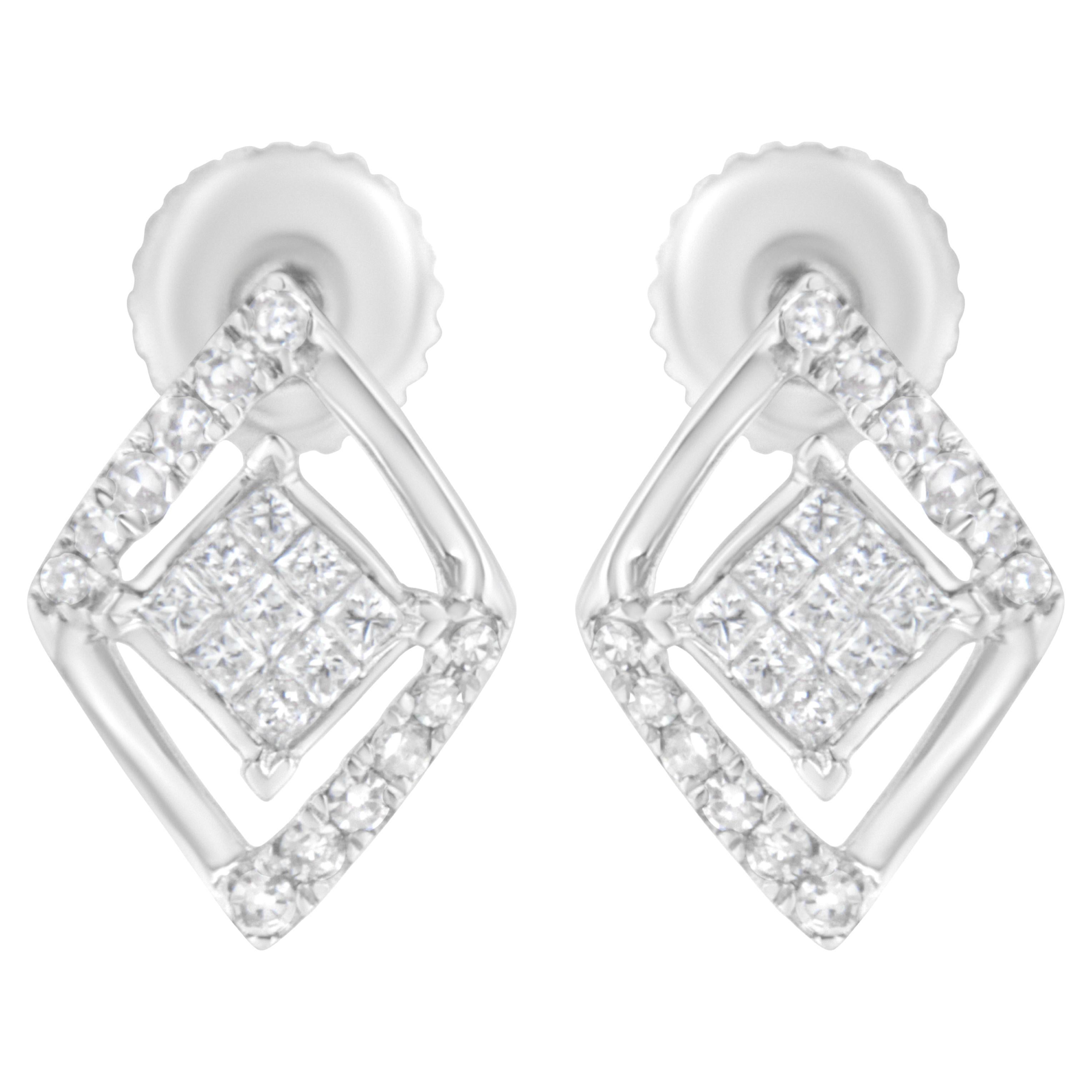 10K White Gold 1/3 Carat Diamond Double Triangle Composite Stud Earrings