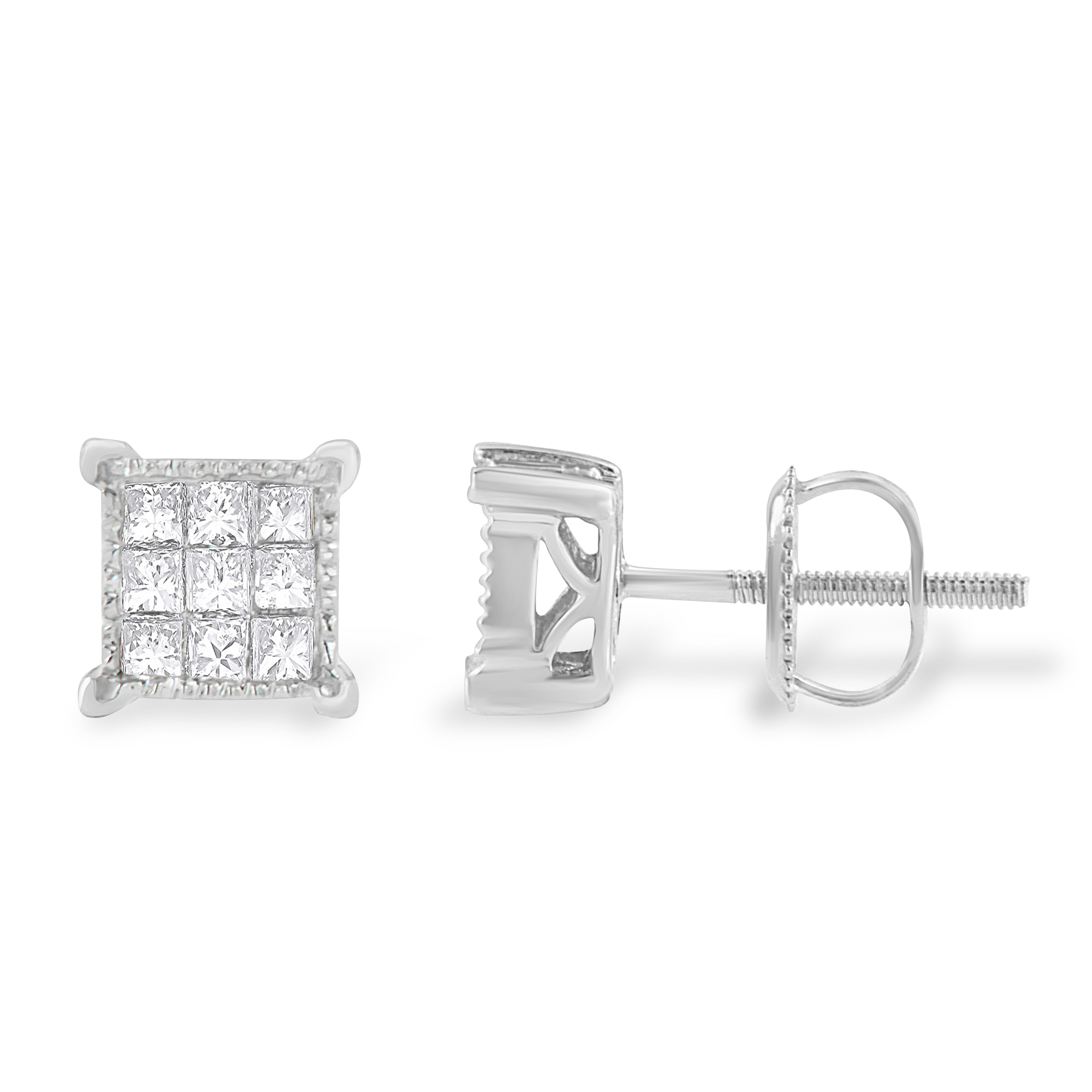 You will love these classic square stud earrings. A must have for any serious jewelry collection, these 10k white gold earrings boast a 1/3 carat total weight of sparkling diamonds. Each square stud is designed with 9 princess-cut diamonds in an