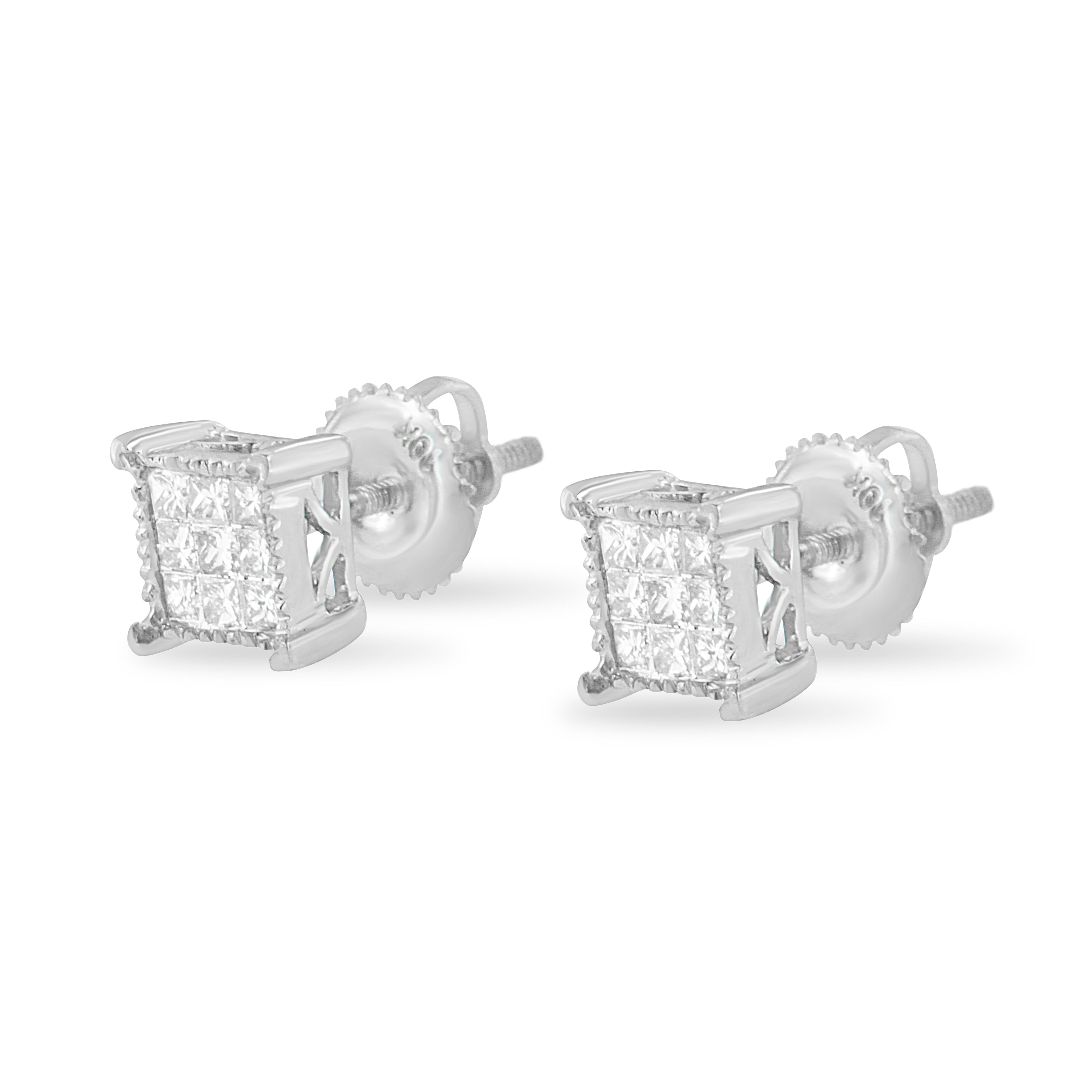 Contemporary 10K White Gold 1/3 Carat Princess-Cut Diamond 18 Stone Composite Stud Earrings