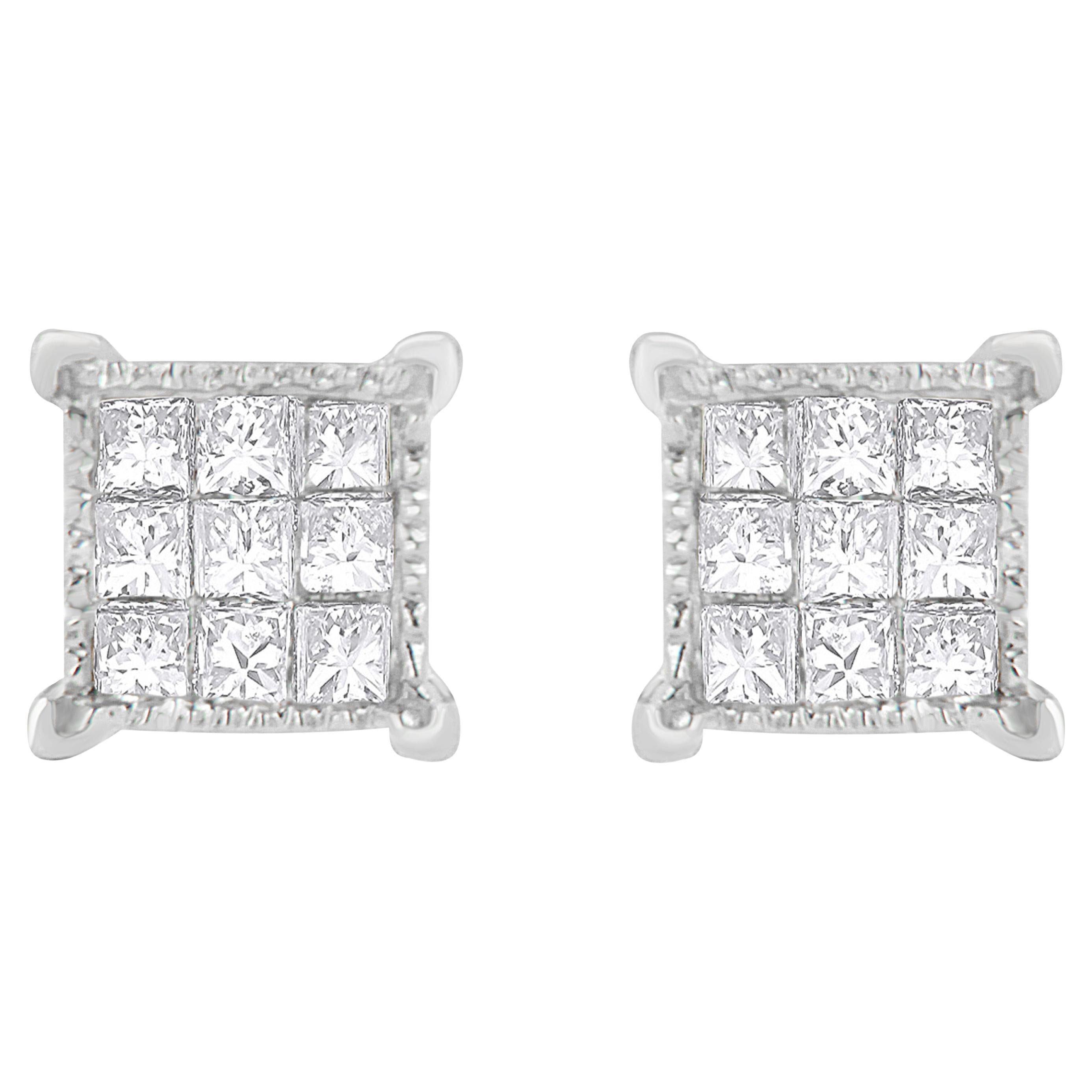 10K White Gold 1/3 Carat Princess-Cut Diamond 18 Stone Composite Stud Earrings
