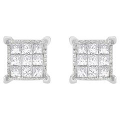 10K White Gold 1/3 Carat Princess-Cut Diamond 18 Stone Composite Stud Earrings