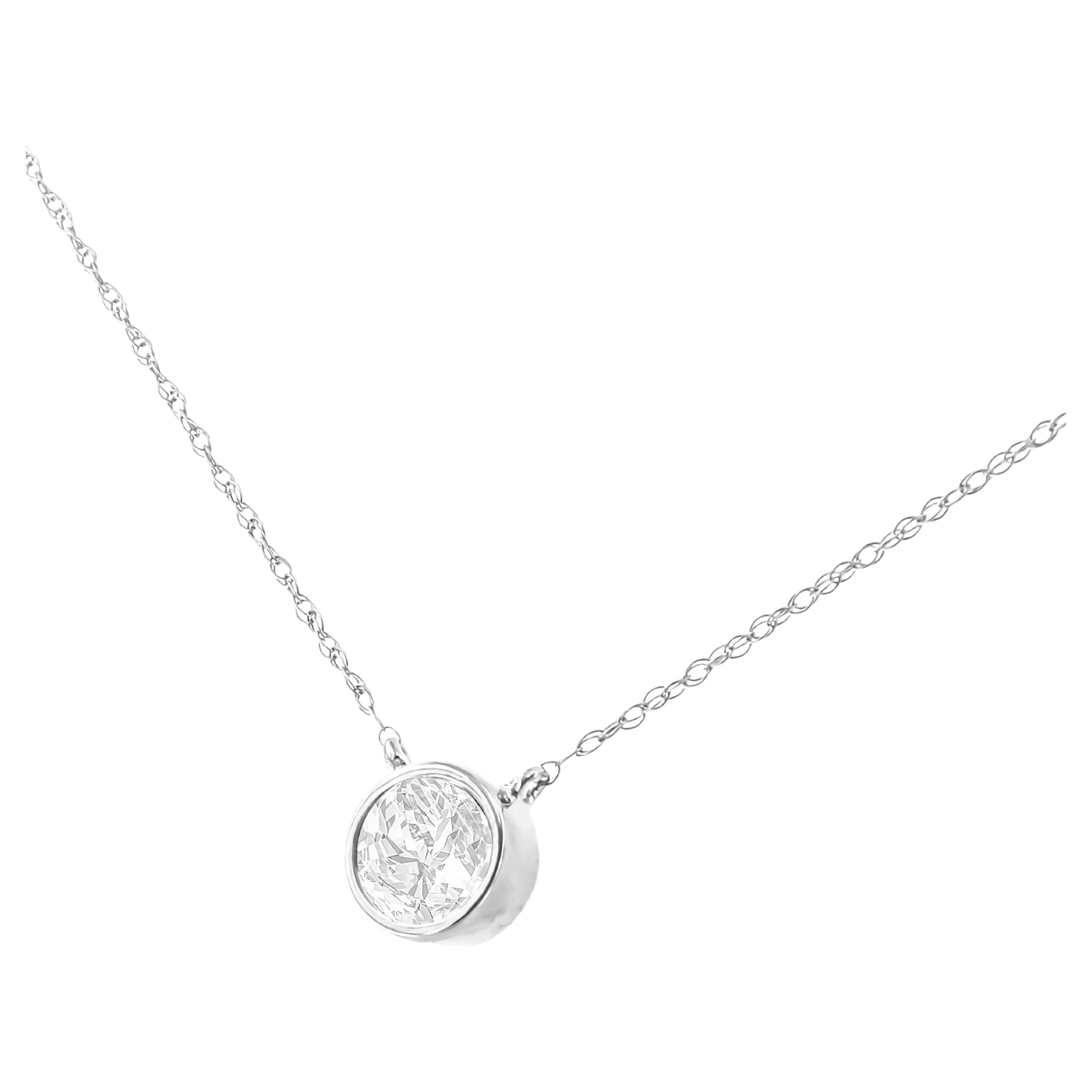 10K White Gold 1/3 Carat Round-Cut Diamond Bezel Pendant Necklace