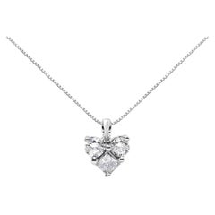 10k White Gold 1/4 Carat Diamond 3 Stone Heart Shaped Pendant Necklace