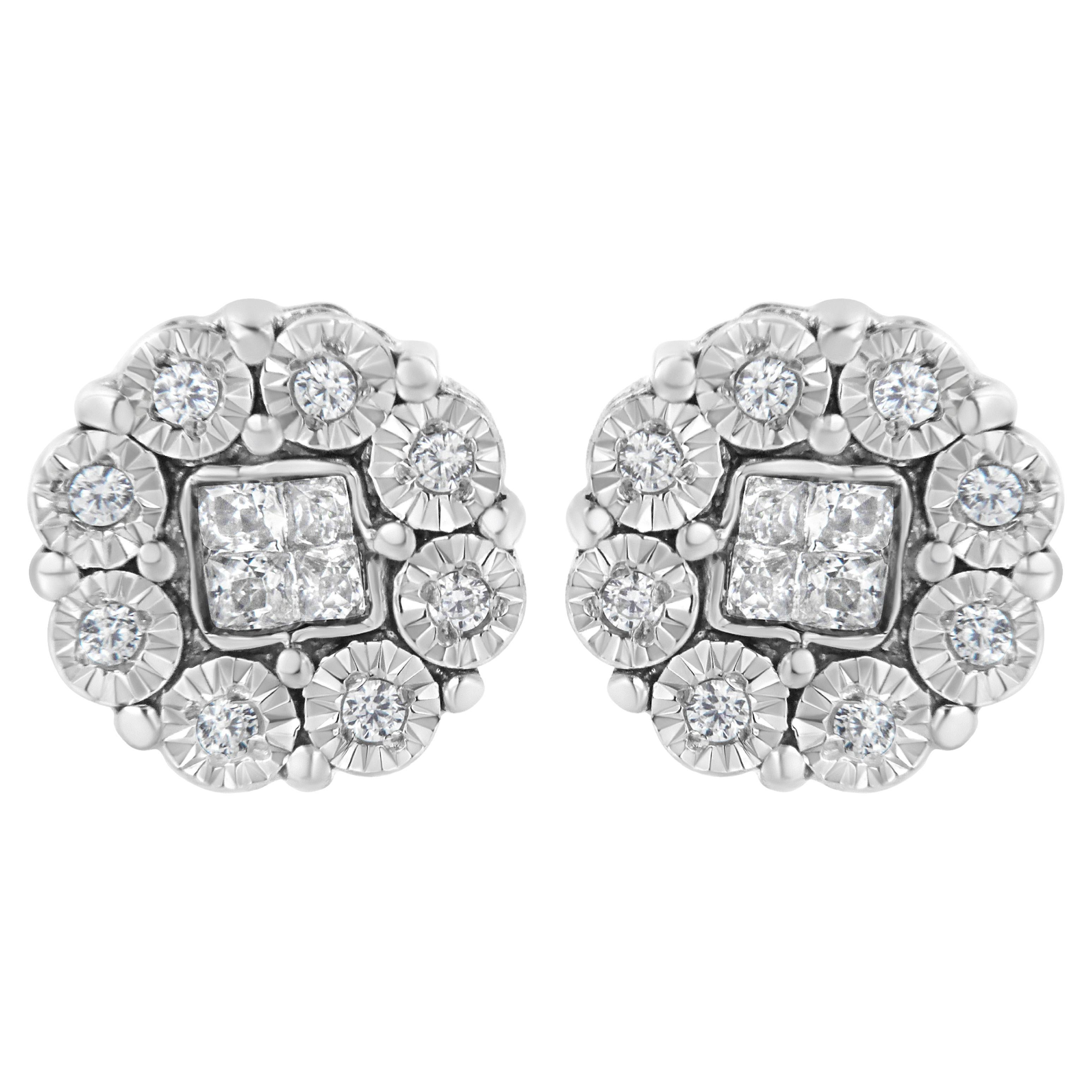 Clous d'oreilles en or blanc 10 carats avec grappe de fleurs en diamants de 1/4 carat