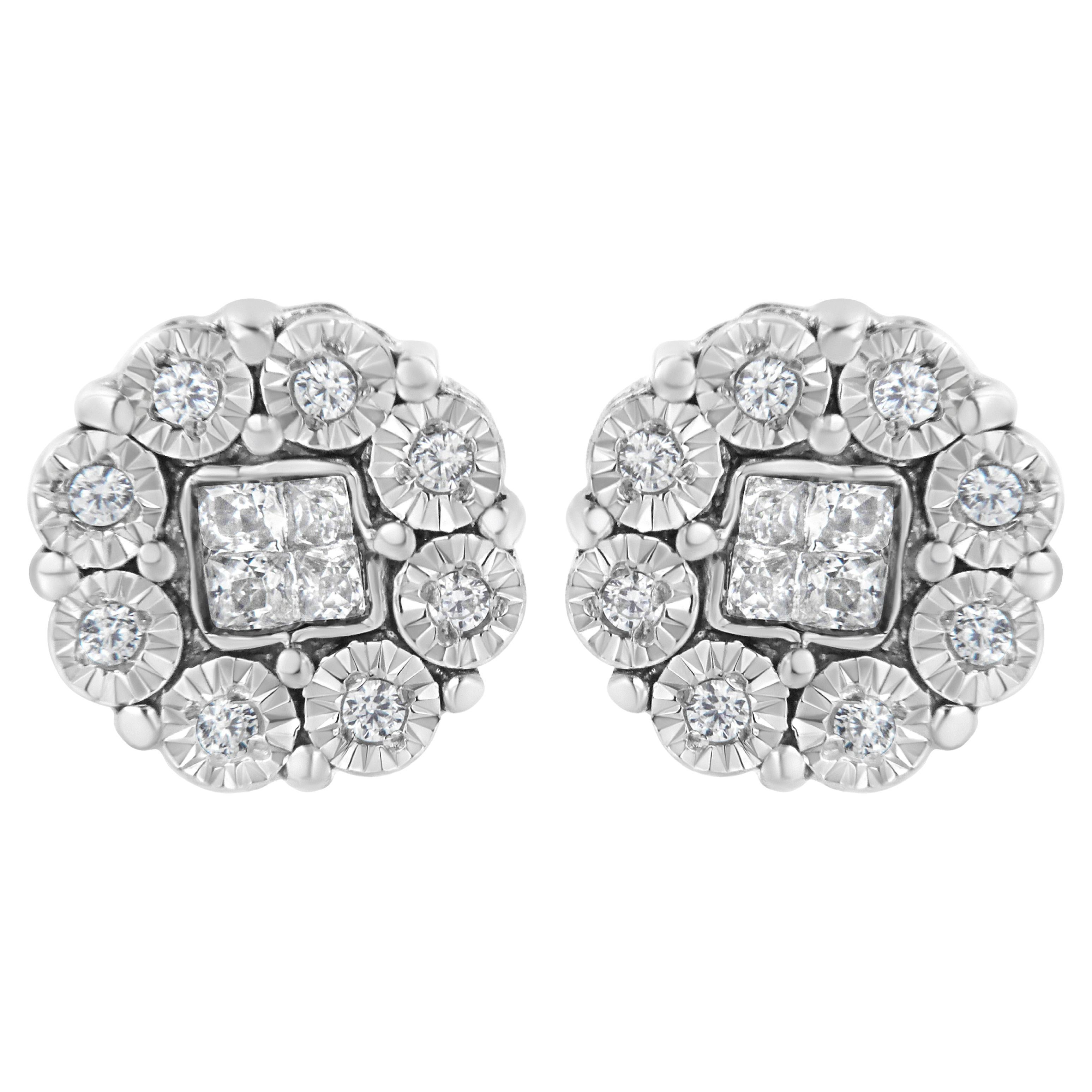 Clous d'oreilles en or blanc 10 carats avec grappe de fleurs en diamants de 1/4 carat