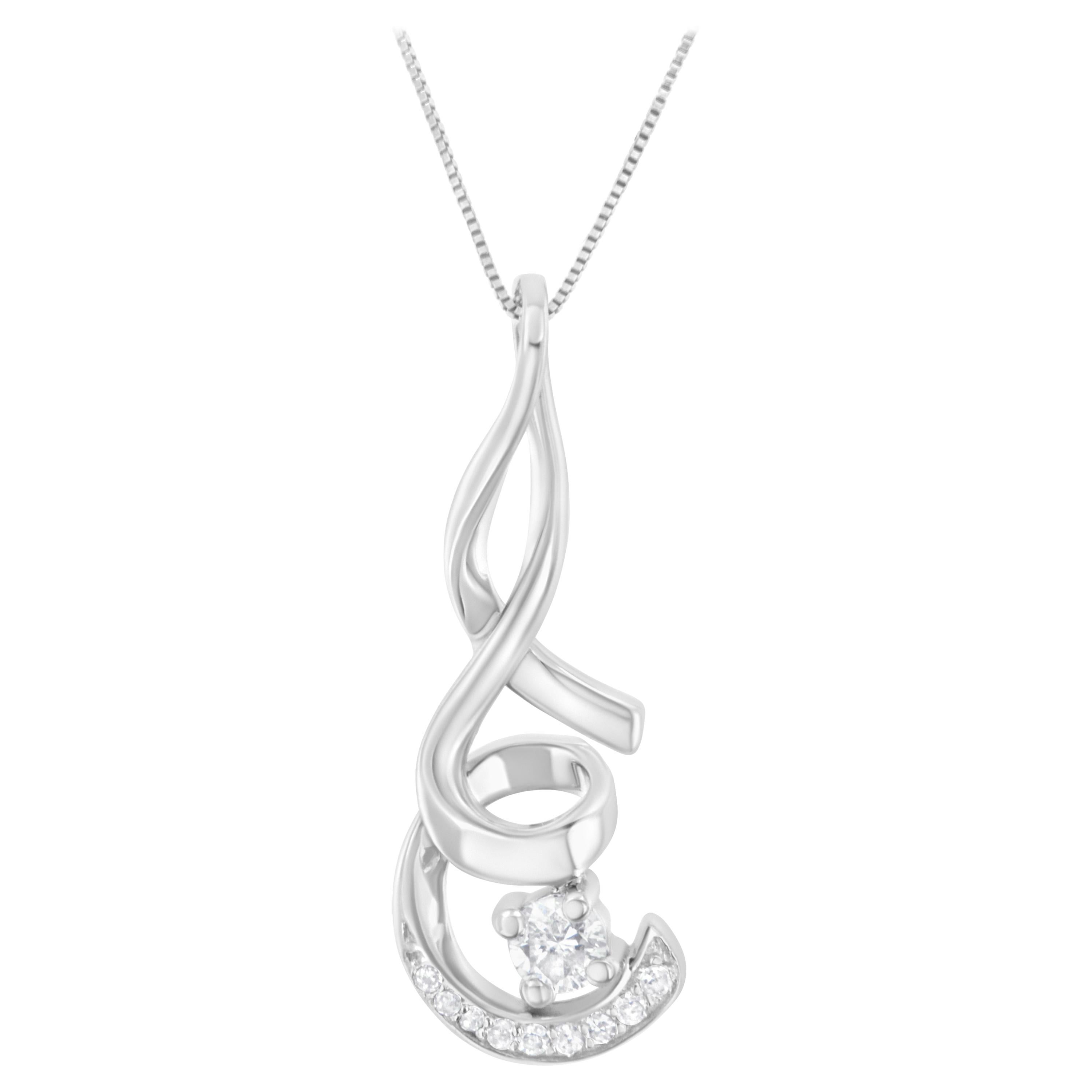 10K White Gold 1/4 Carat Round Cut Diamond Sparkling Spiral Pendant Necklace