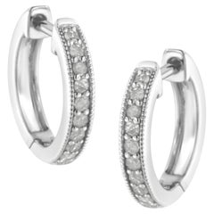 10K White Gold 1/4 Carat Shared Prong Set Round-Cut Diamond Beaded Hoop Earrings
