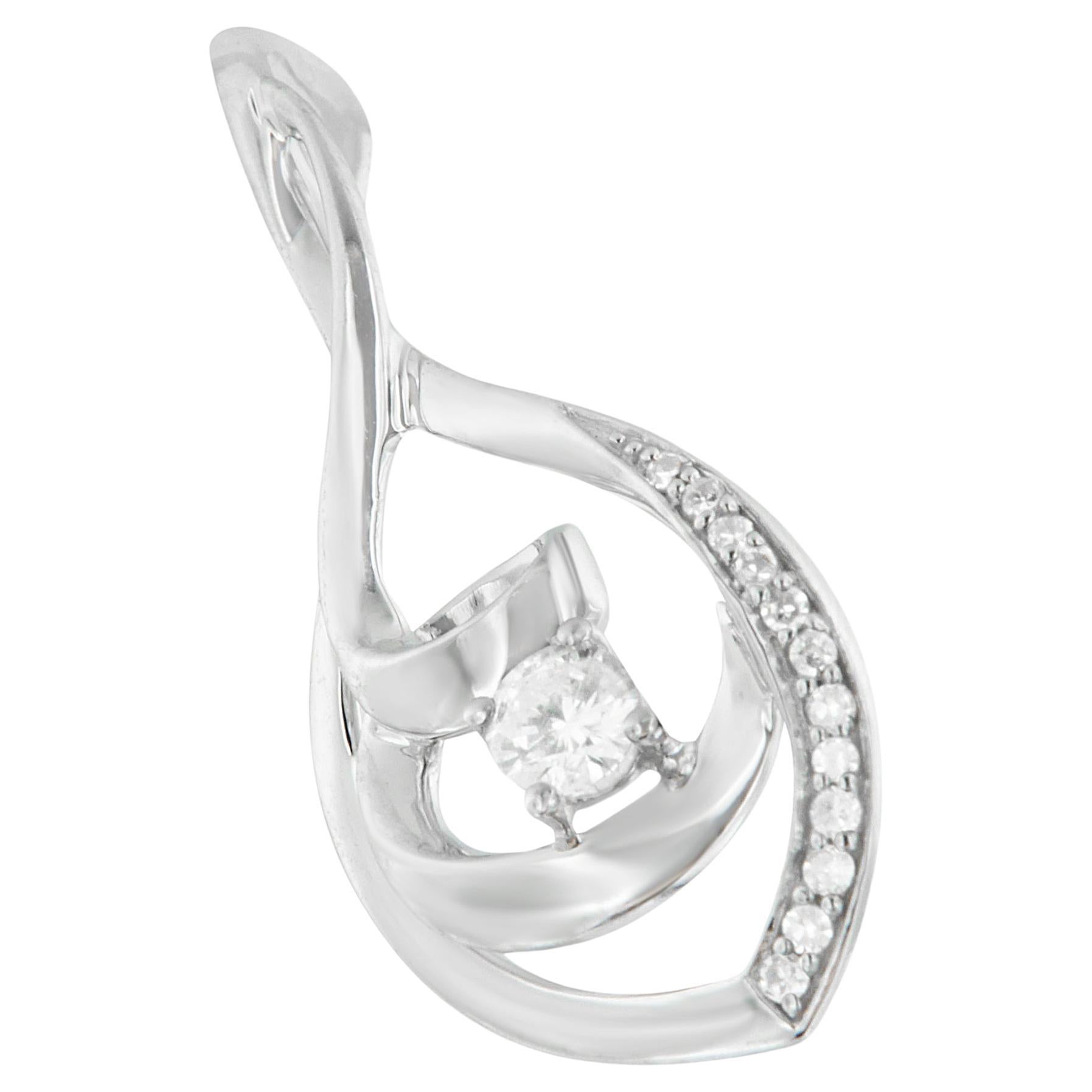 10K White Gold 1/4 Cttw Brilliant-Cut Round Diamond Spiral Link Pendant Necklace For Sale