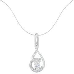 10k White Gold 1/4 Cttw Round Cut Diamond Spiral Link Pendant Necklace
