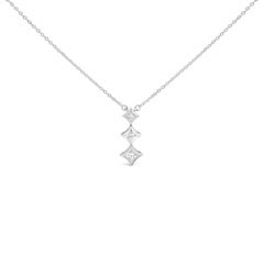 10K White Gold 1/5 Carat Princess Cut Diamond 3 Stone Drop 18" Pendant Necklace