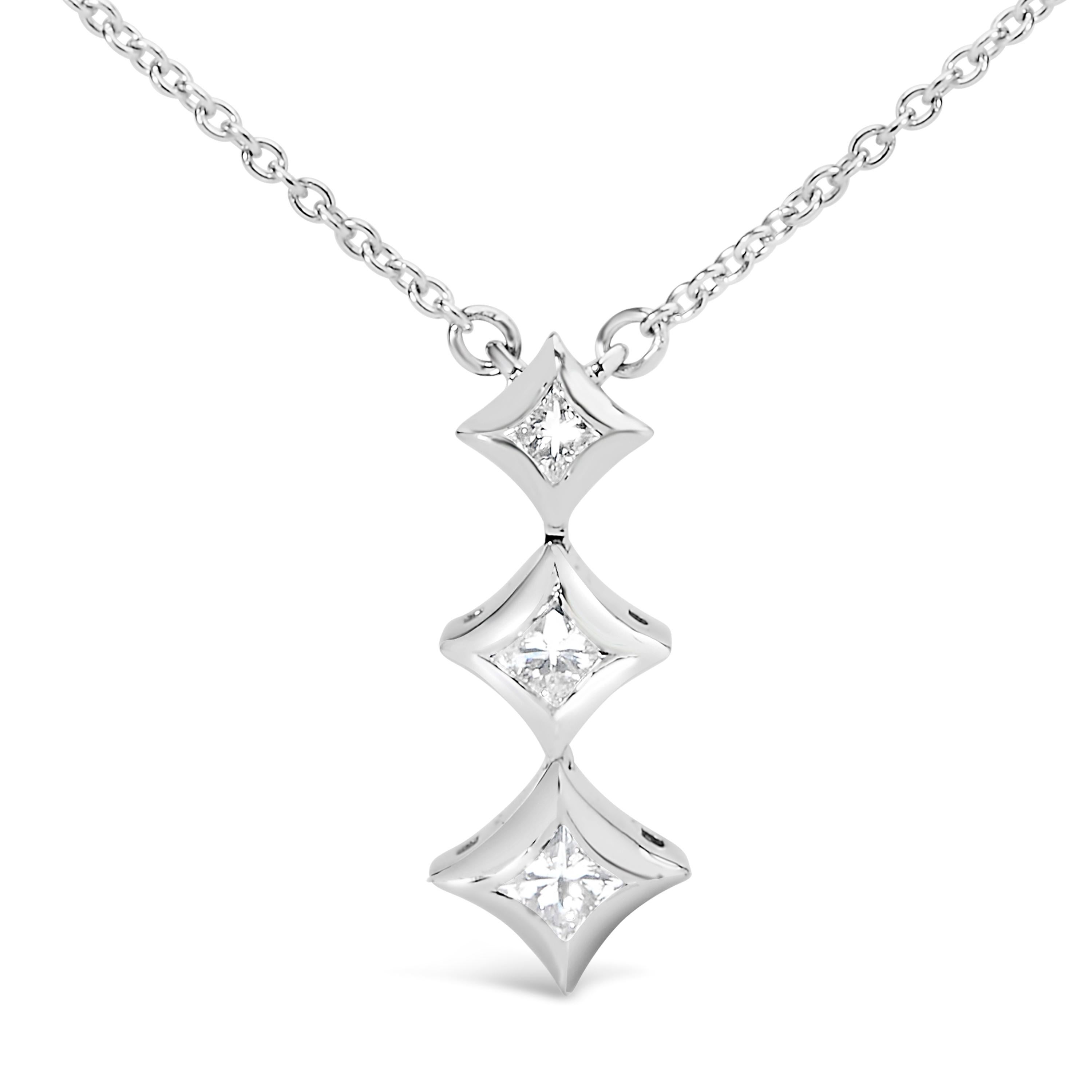 10K White Gold 1/5 Carat Princess Cut Diamond 3 Stone Drop 18" Pendant Necklace