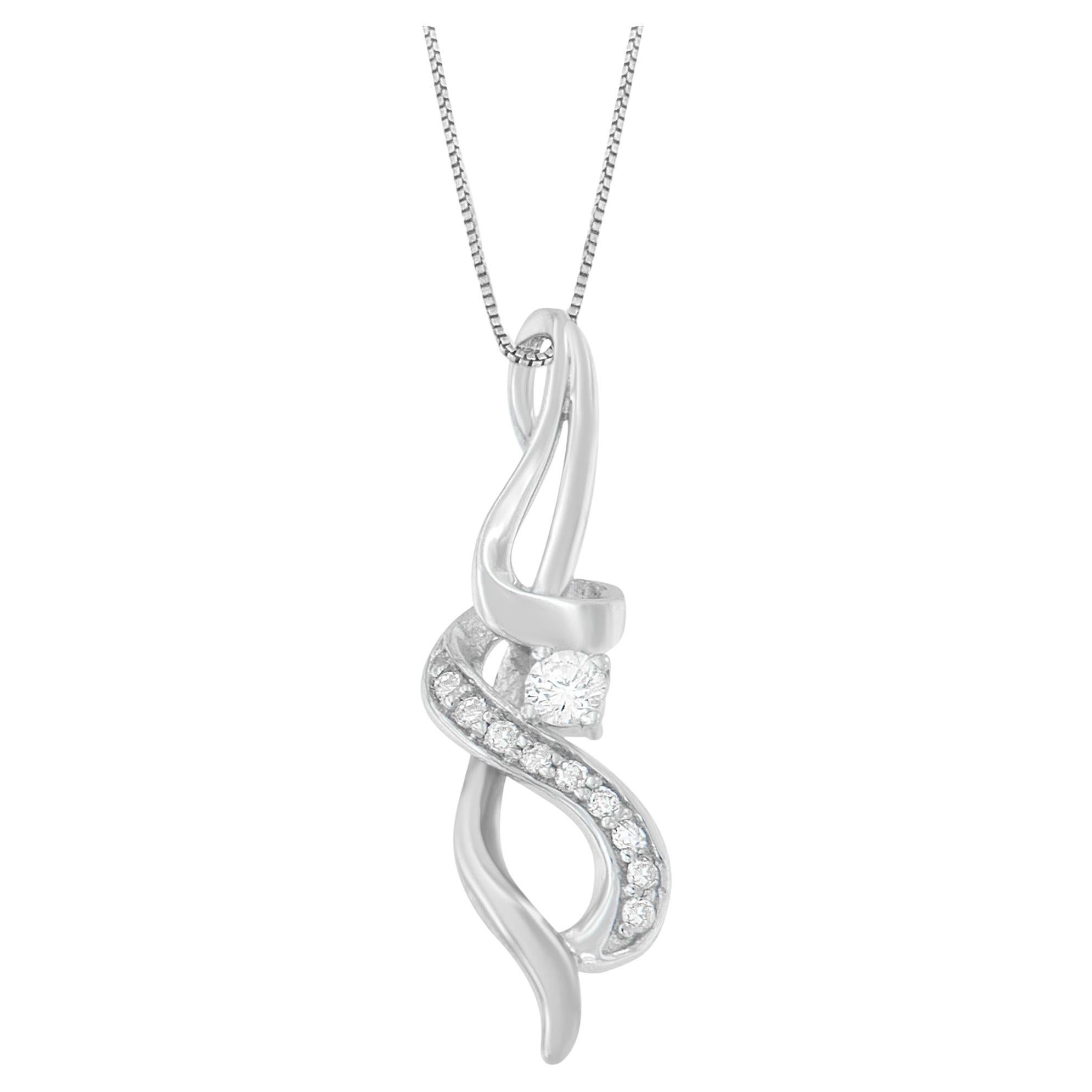 10K White Gold 1/5 Carat Round Cut Diamond Swirl Pendant Necklace