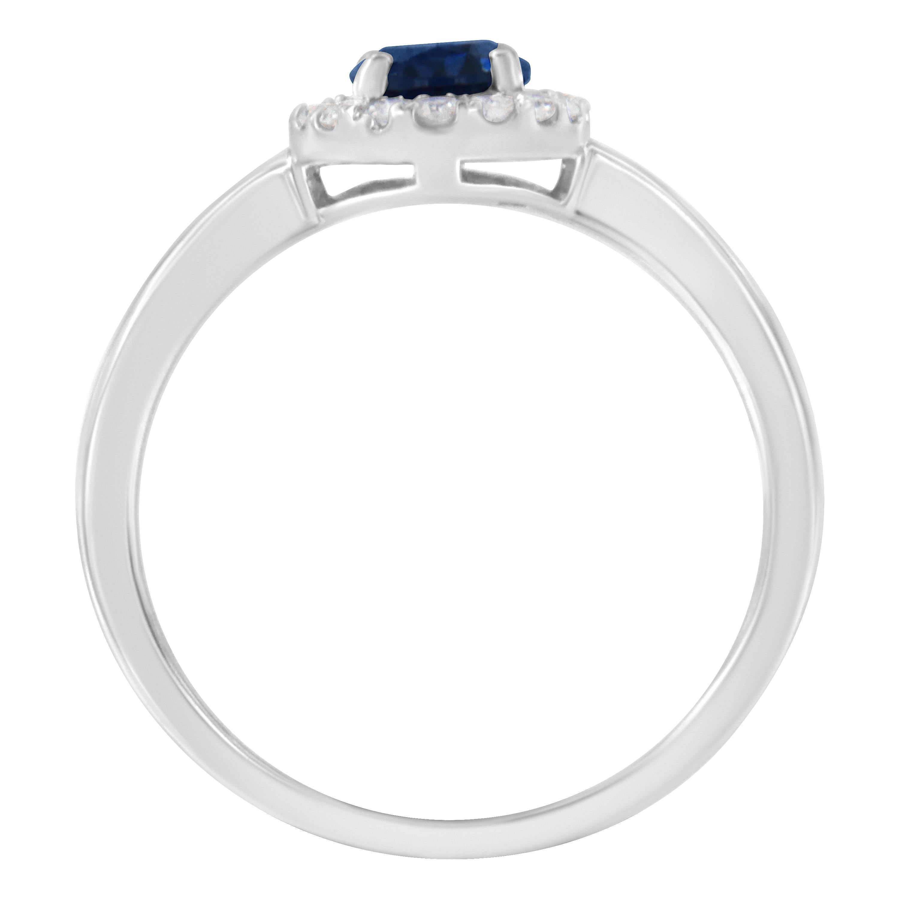 Oval Cut 10K White Gold 1/5 Carat Round Diamond & Blue Sapphire Halo Cocktail Ring For Sale