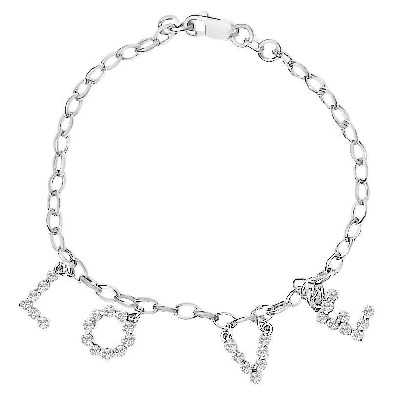 10k White Gold 1/6 Cttw Diamond "Love" Charm Cable Chain Bracelet