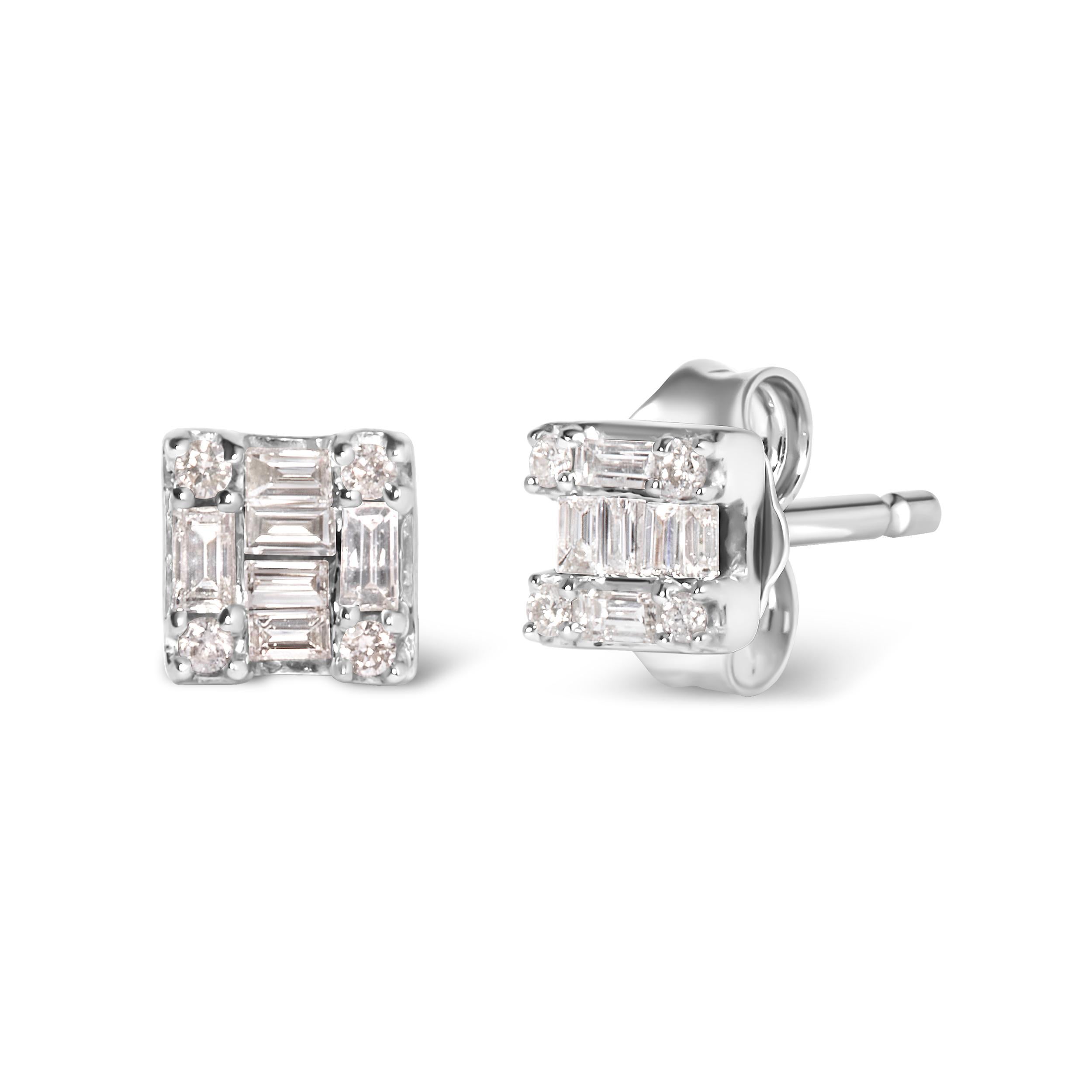 Introducing a mesmerizing masterpiece crafted with exquisite details. Behold these 10K White Gold Stud Earrings, adorned with a dazzling mosaic of round and baguette diamonds. With a total weight of 1/7 cttw and 20 diamonds, these earrings radiate