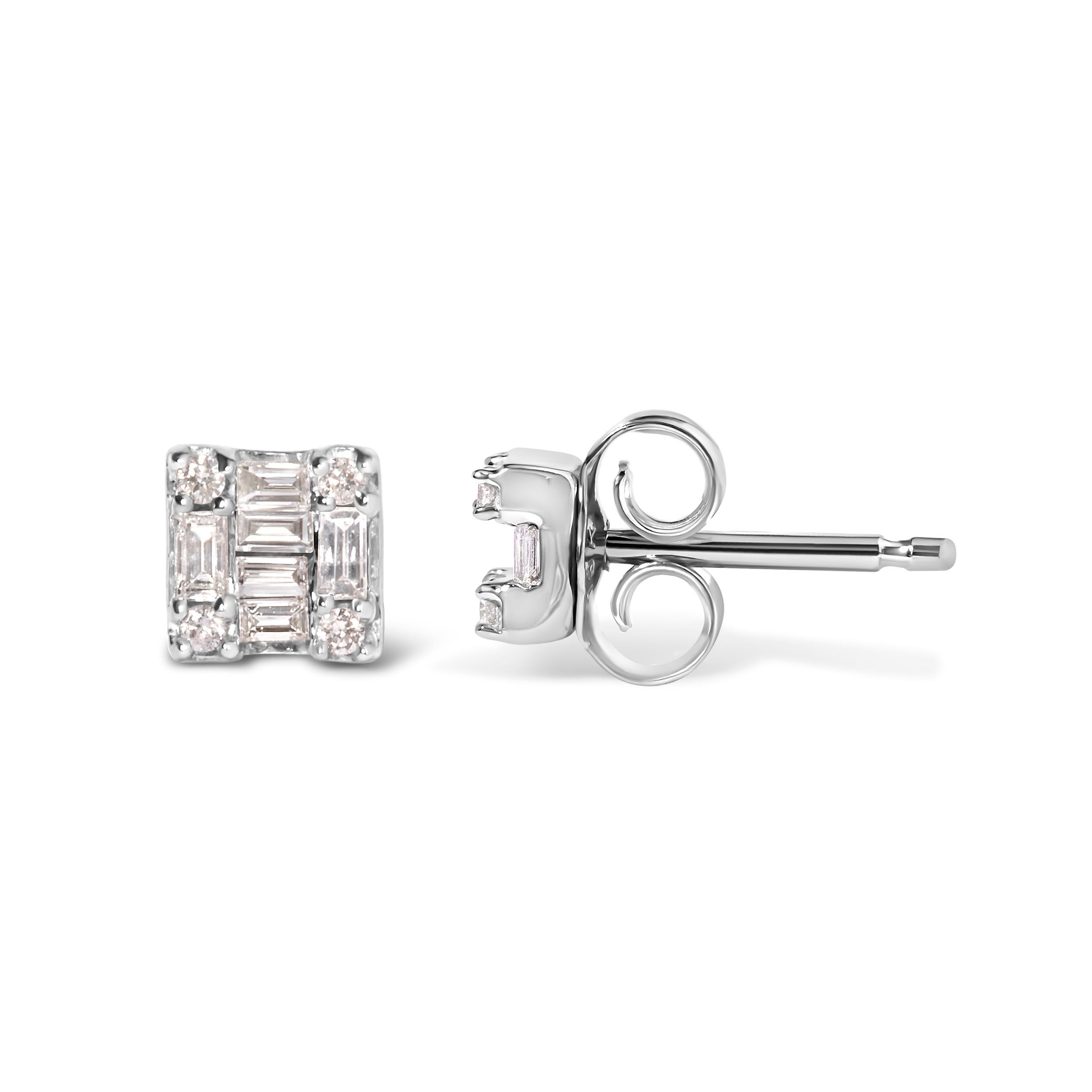 Modern 10K White Gold 1/7 Carat Round and Baguette Diamond Mosaic Square Stud Earrings For Sale