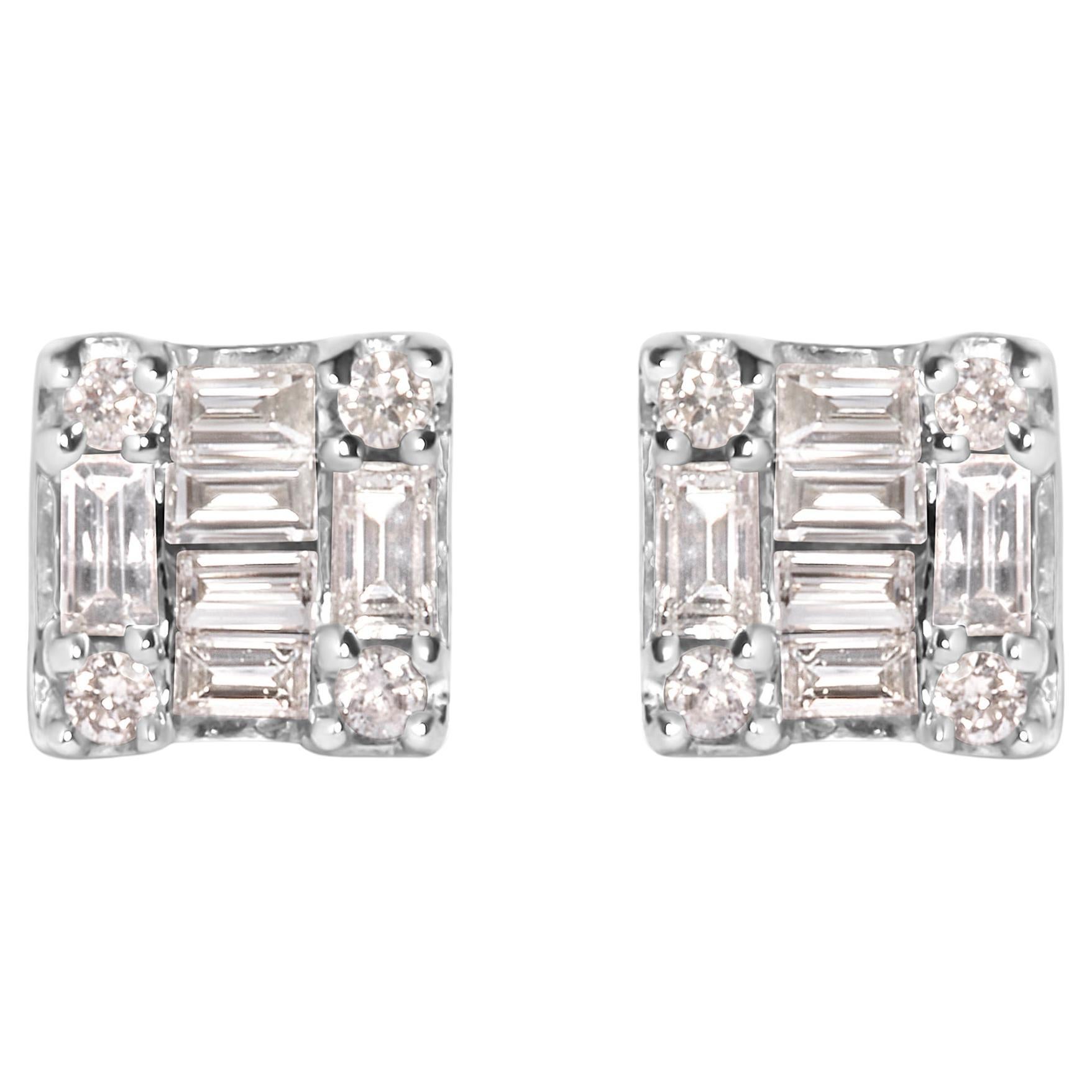 10K White Gold 1/7 Carat Round and Baguette Diamond Mosaic Square Stud Earrings For Sale