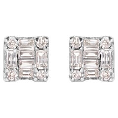 10K White Gold 1/7 Carat Round and Baguette Diamond Mosaic Square Stud Earrings