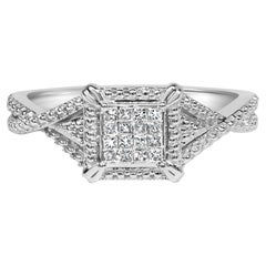10K White Gold 1/7 Cttw Princess Diamond Composite Head and Beaded Shank Ring