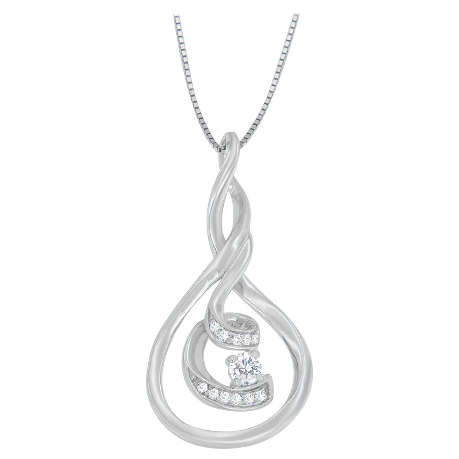 10K White Gold 1/8 Carat Round Cut Diamond Layered Spiral Pendant Necklace For Sale