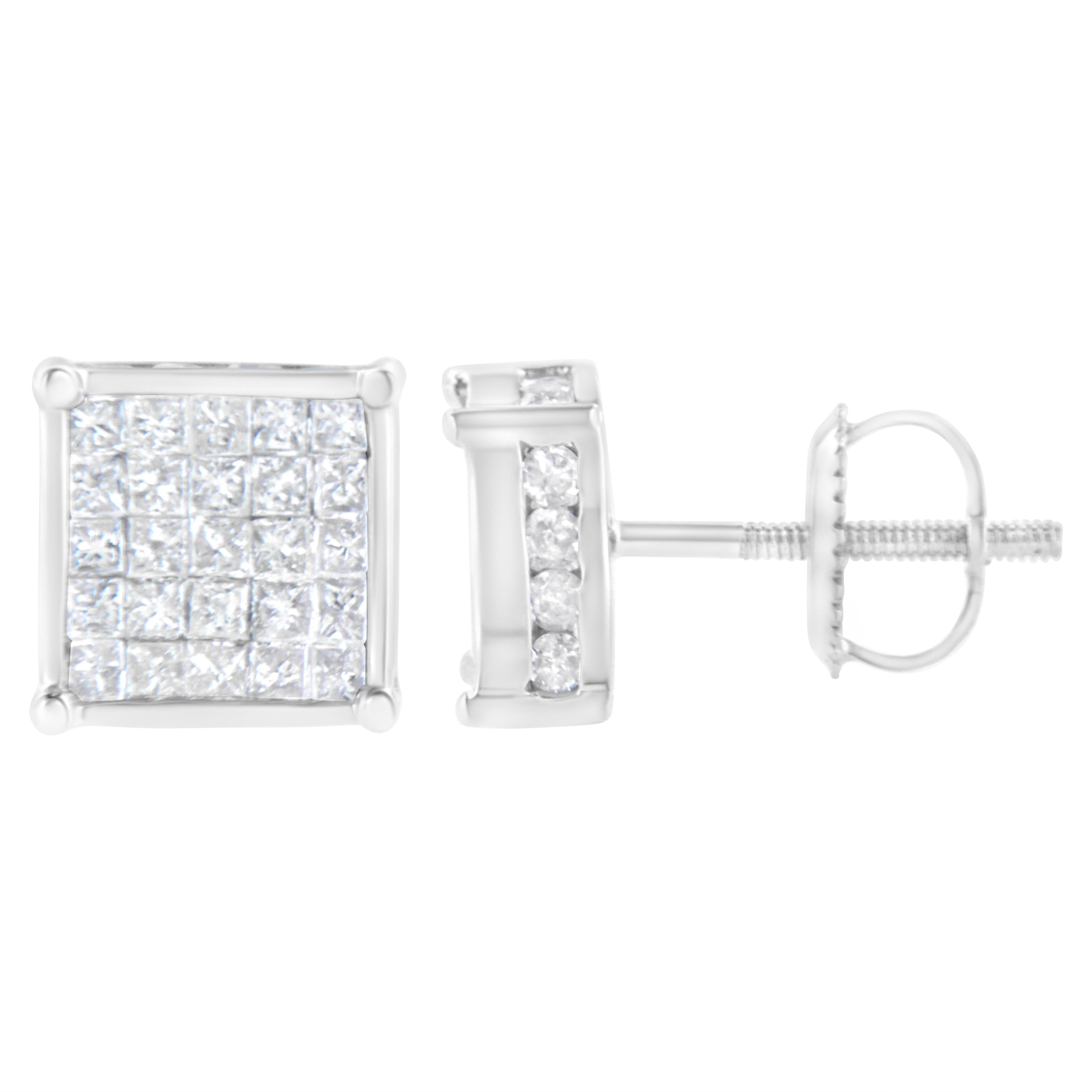 Timeless and tasteful, these fancy-shape diamond stud earrings complement one's classic sense of style. Crafted in cool 10K white gold, each square composite earring shimmers with a five-by-five grid of sparkling princess-cut diamonds. These