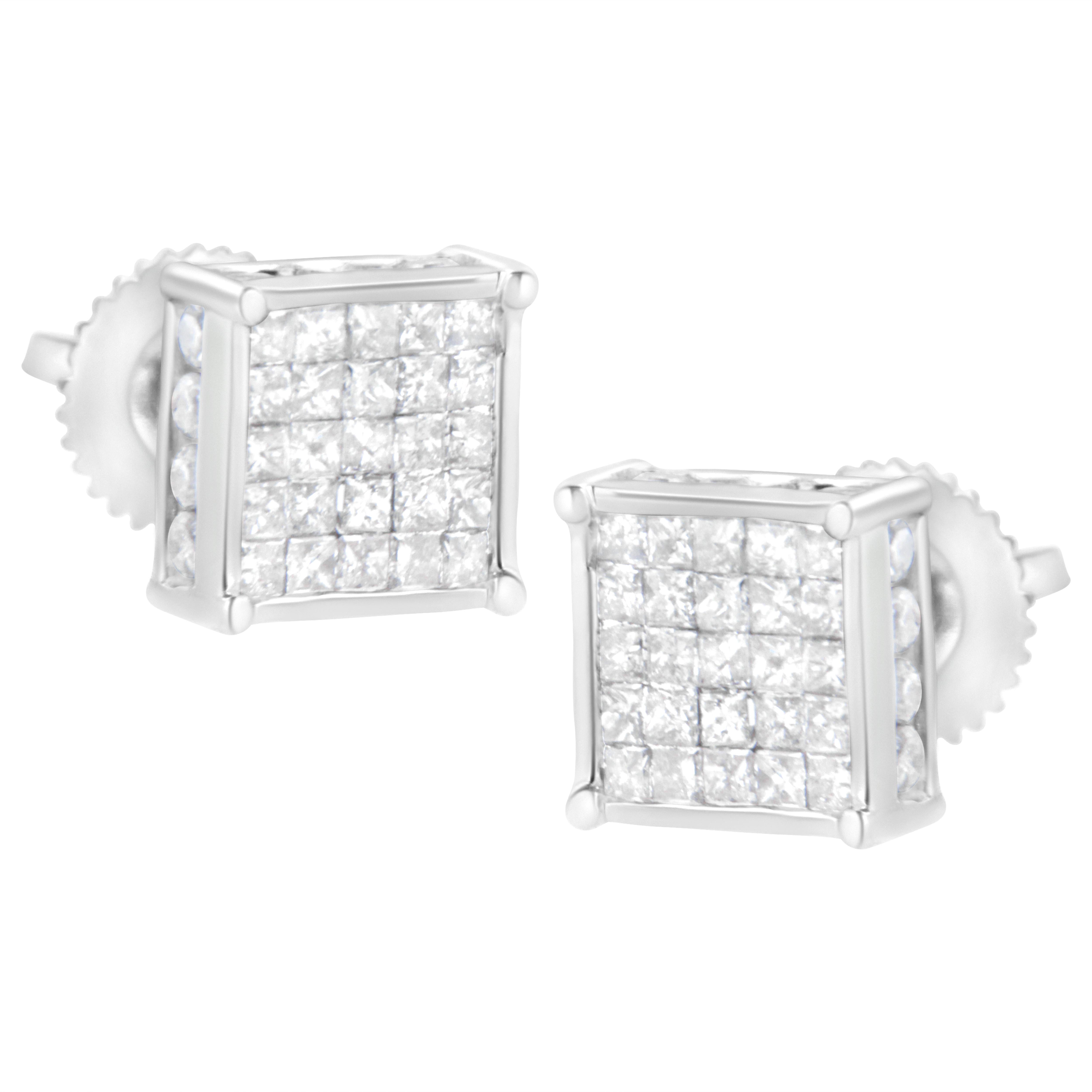 Moderne Clous d'oreilles en or blanc 10 carats avec composite de diamants princesse de 1 carat en vente
