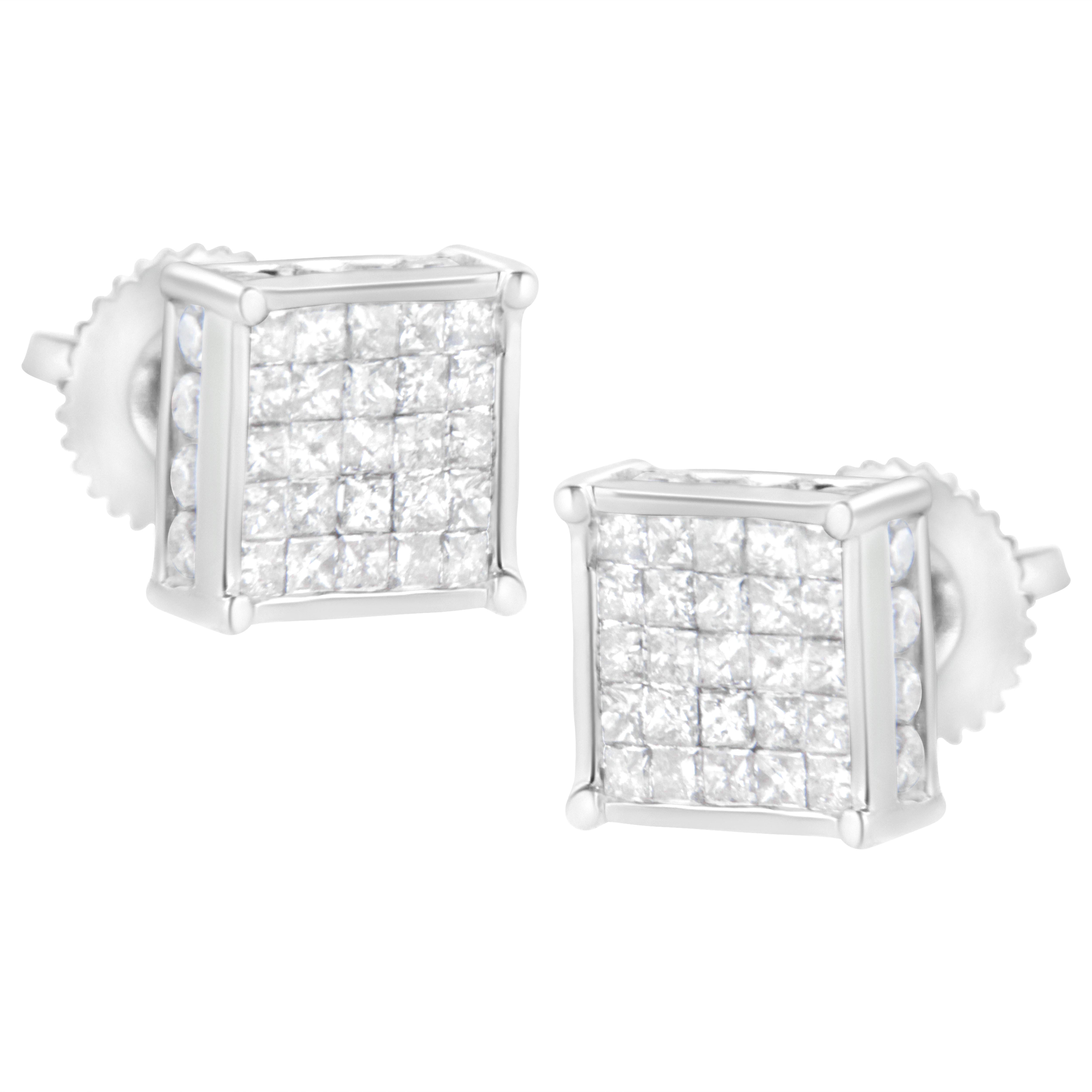 Modern 10K White Gold 1 Carat Princess Diamond Composite Stud Earring For Sale