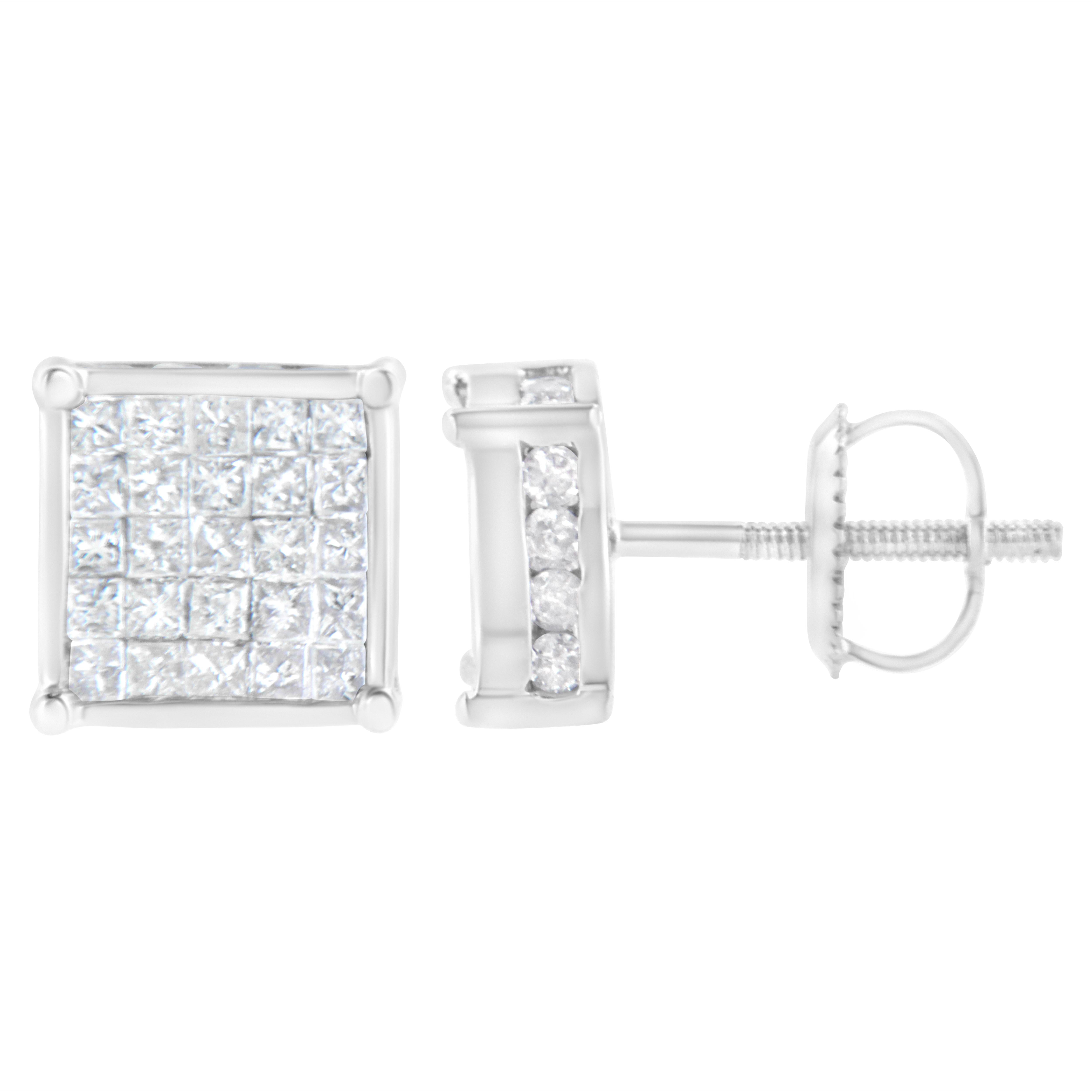 Princess Cut 10K White Gold 1 Carat Princess Diamond Composite Stud Earring For Sale