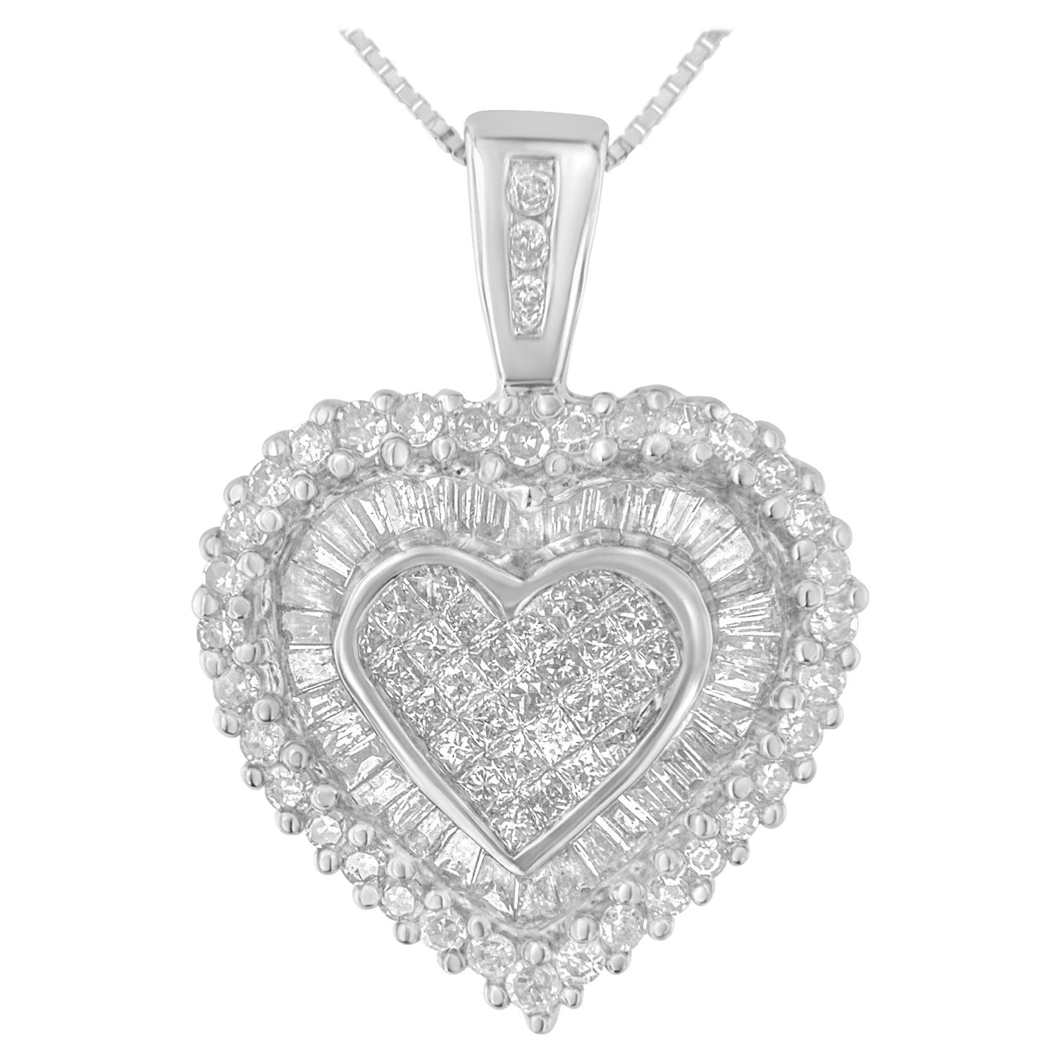 10k White Gold 1 Cttw Multi-Cut 1 Cttw Diamond Heart Pendant Necklace For Sale