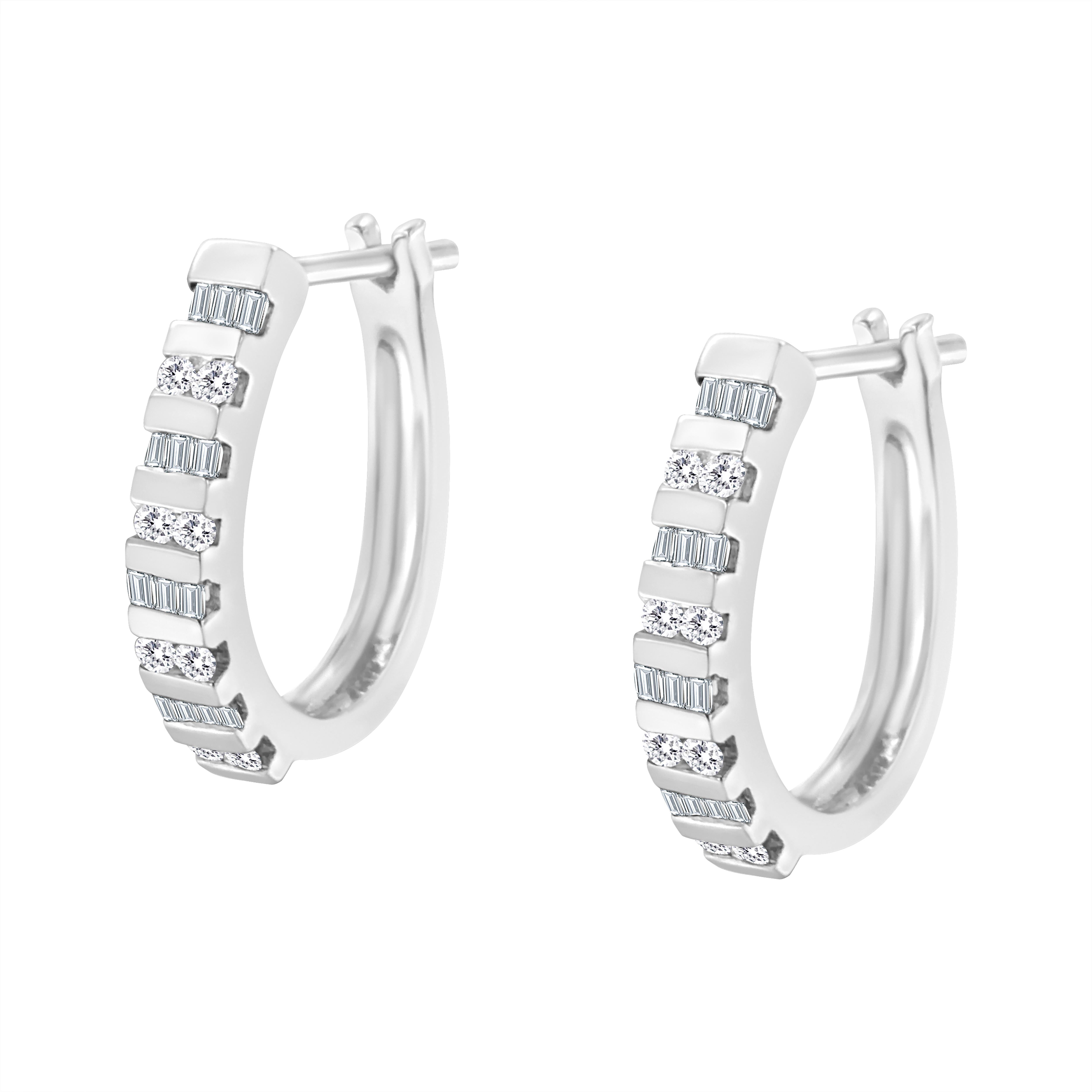 10K White Gold 1.0 Carat Baguette & Round Brilliant-Cut Diamond Hoop Earrings In New Condition For Sale In New York, NY