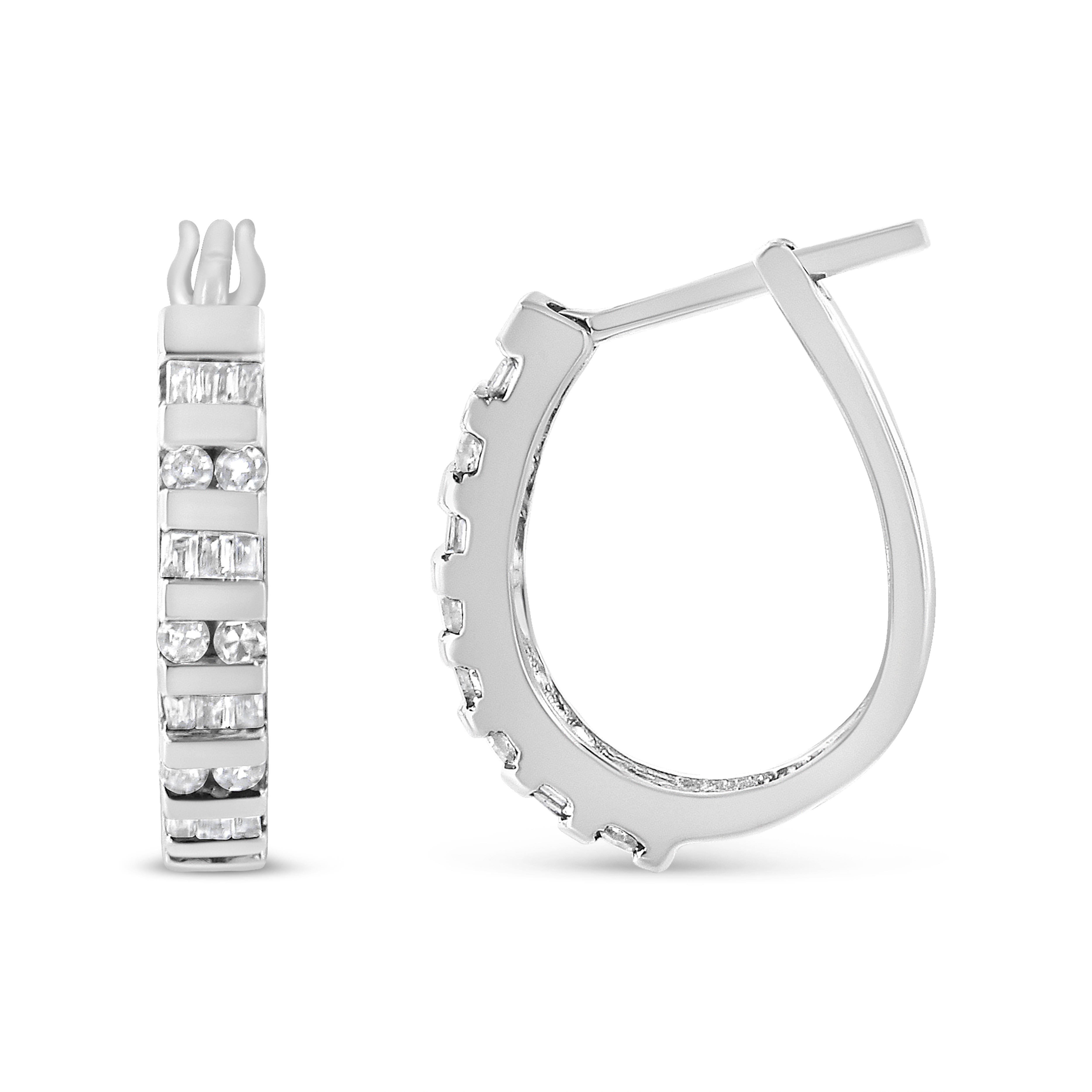 Women's 10K White Gold 1.0 Carat Baguette & Round Brilliant-Cut Diamond Hoop Earrings For Sale