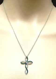 10k White Gold .10 Carat Diamond & .10 Carat Sapphire Cross W 14k Chain