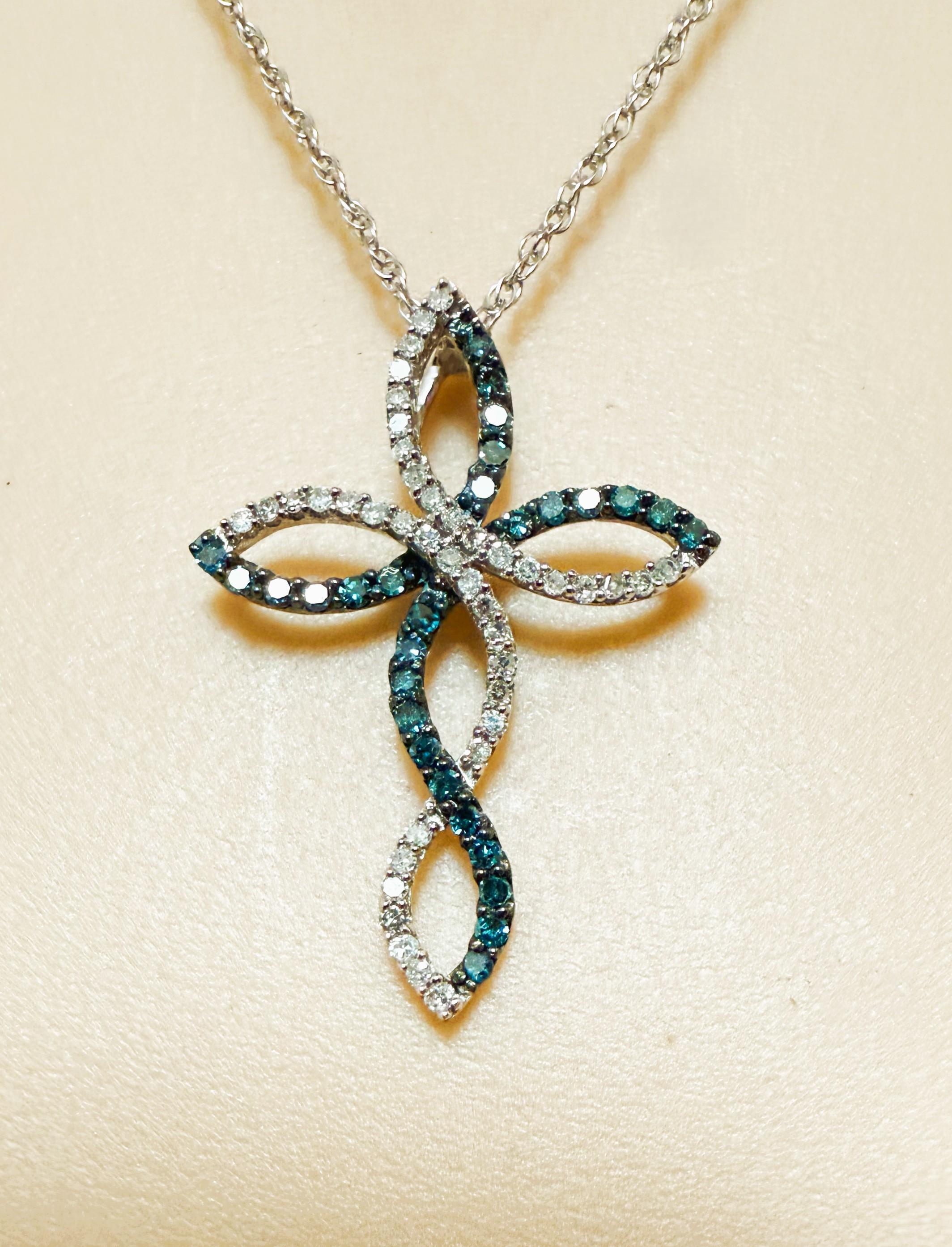 Art Deco 10k White Gold .10 Carat Diamond & .10 Carat Sapphire Cross W 14k Chain For Sale