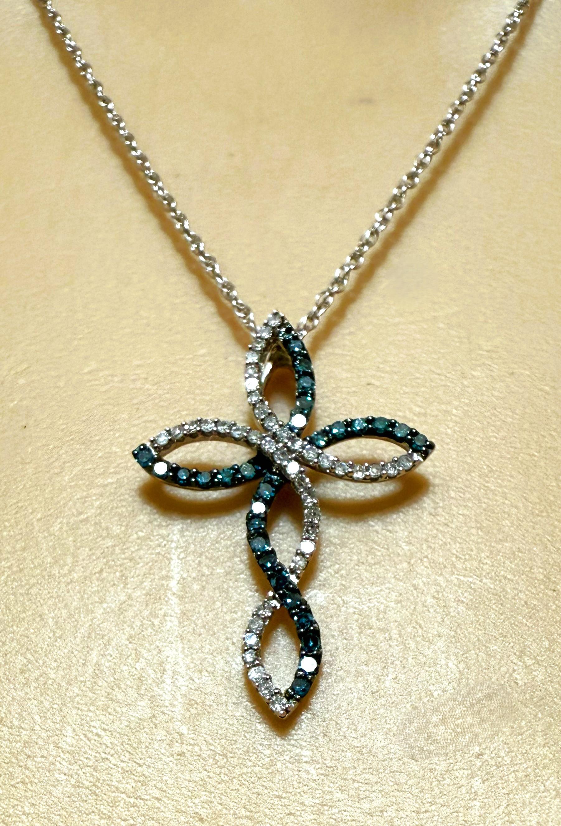 Brilliant Cut 10k White Gold .10 Carat Diamond & .10 Carat Sapphire Cross W 14k Chain For Sale