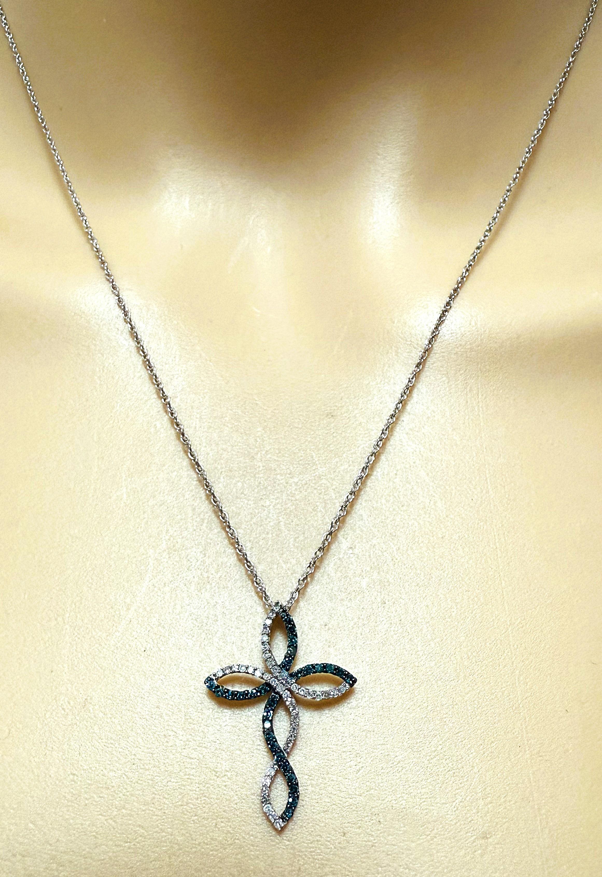 10k White Gold .10 Carat Diamond & .10 Carat Sapphire Cross W 14k Chain In Excellent Condition For Sale In Eagan, MN