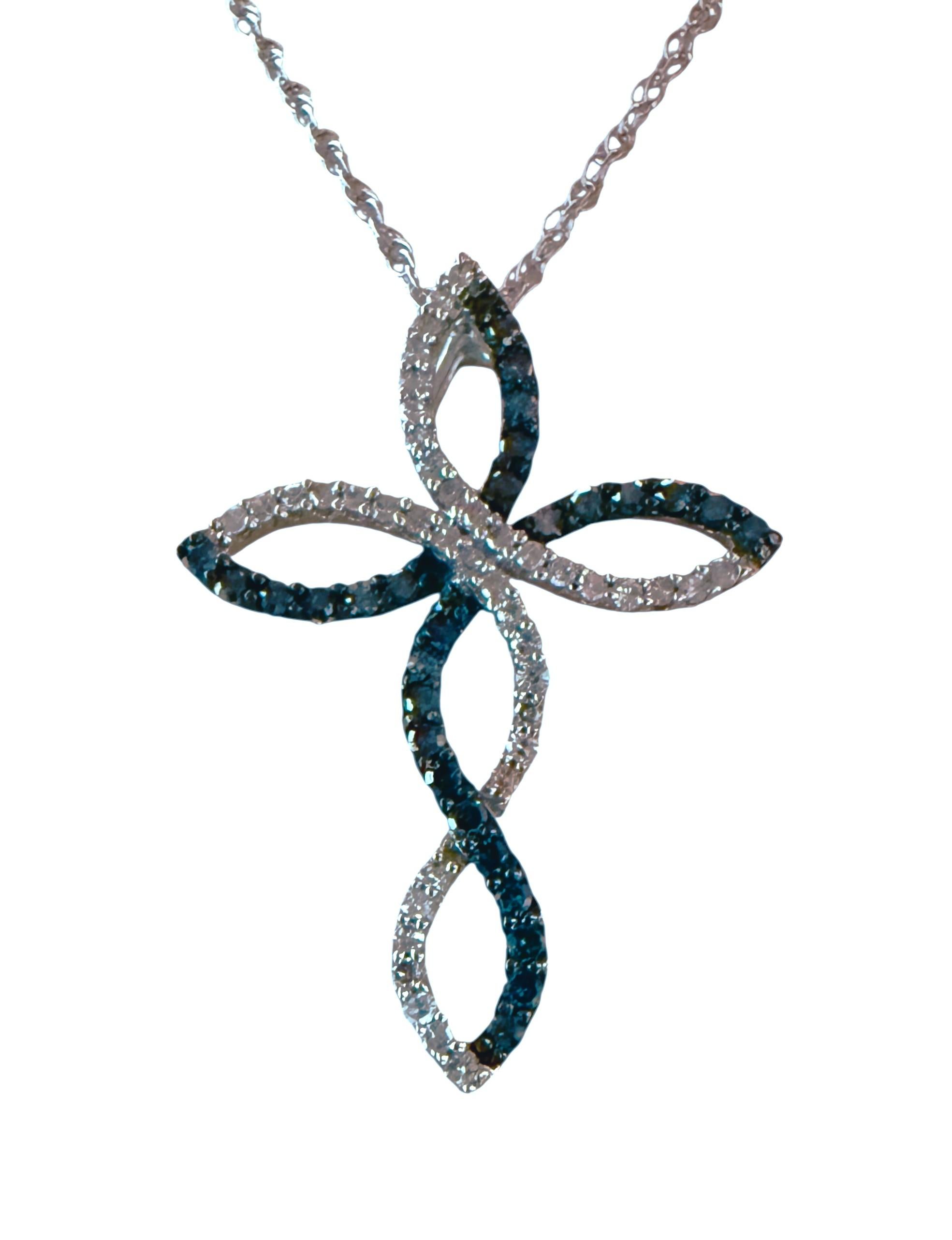 Women's 10k White Gold .10 Carat Diamond & .10 Carat Sapphire Cross W 14k Chain For Sale