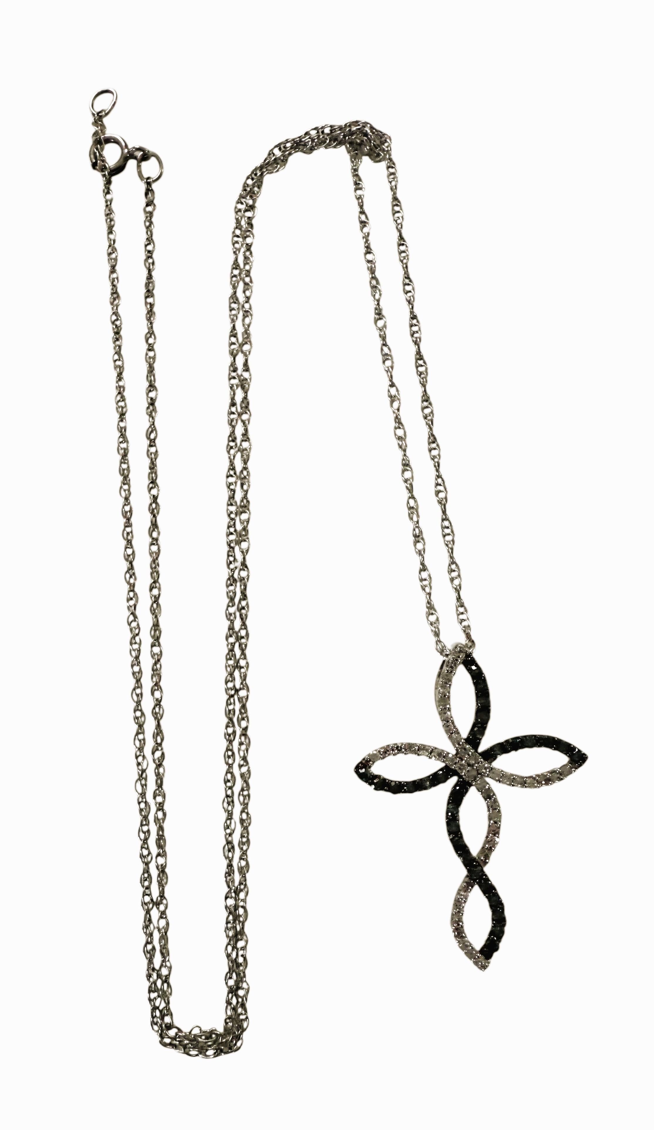 10k White Gold .10 Carat Diamond & .10 Carat Sapphire Cross W 14k Chain For Sale 1