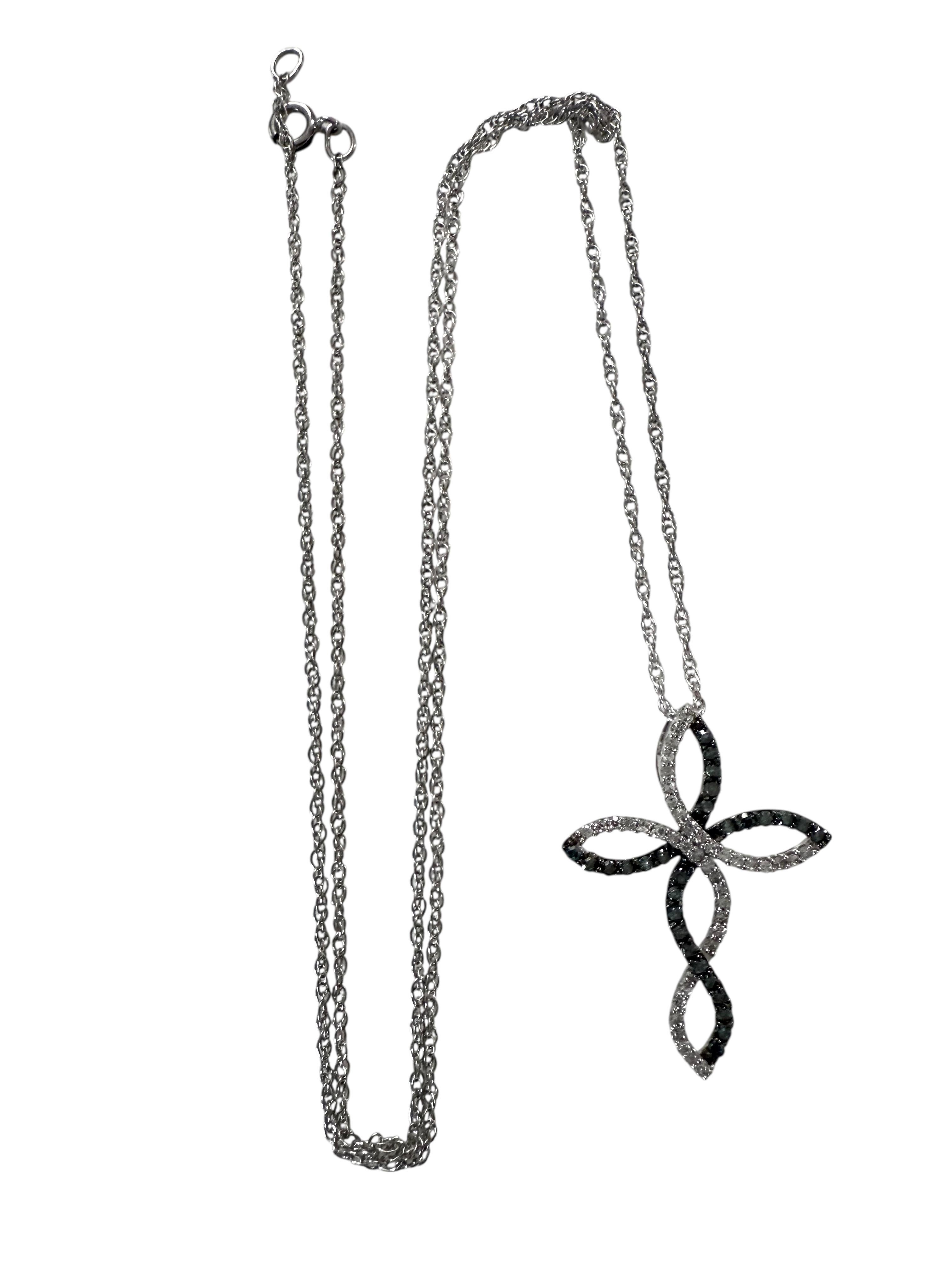 10k White Gold .10 Carat Diamond & .10 Carat Sapphire Cross W 14k Chain For Sale 2
