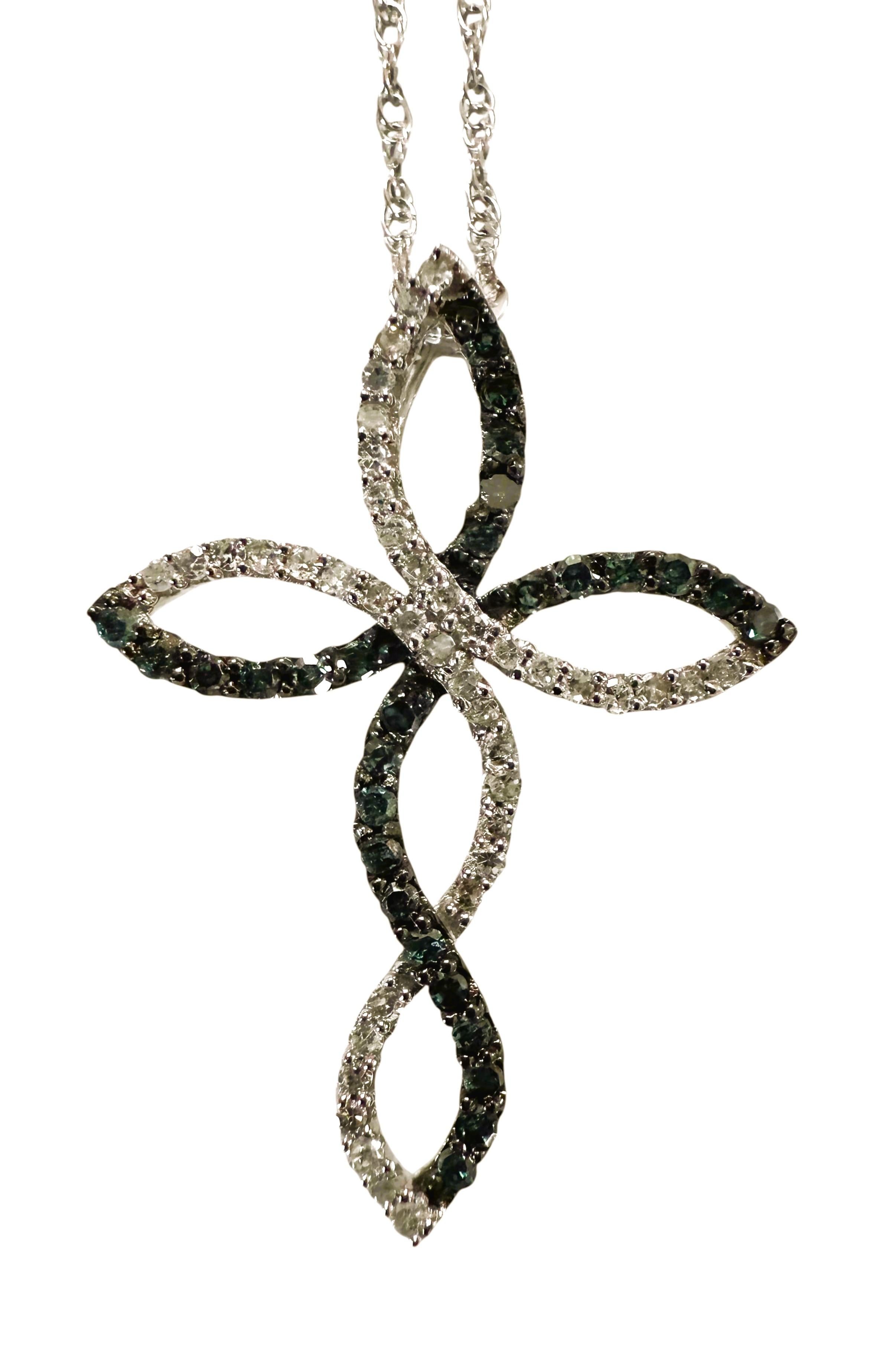 10k White Gold .10 Carat Diamond & .10 Carat Sapphire Cross W 14k Chain For Sale 3