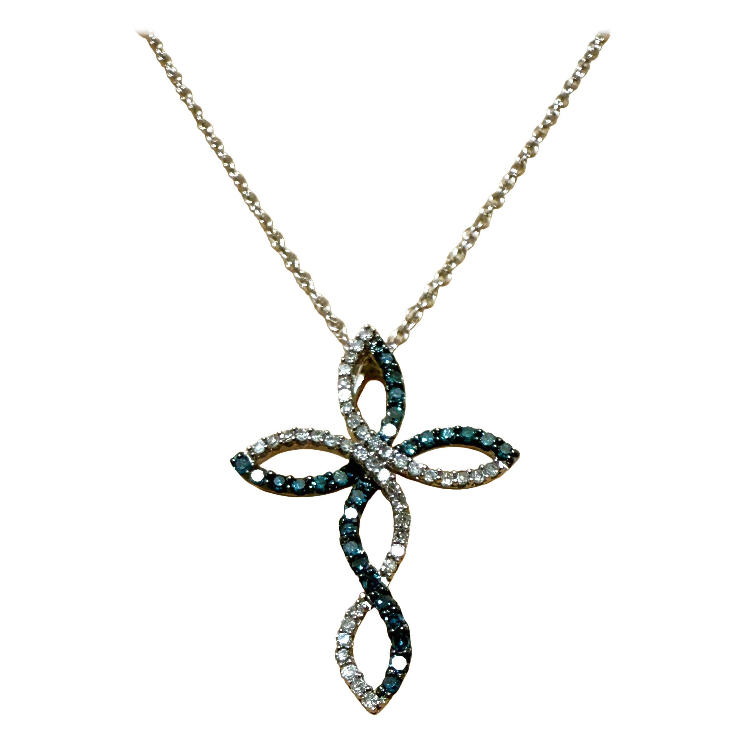 10k White Gold .10 Carat Diamond & .10 Carat Sapphire Cross W 14k Chain For Sale