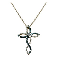 10k White Gold .10 Carat Diamond & .10 Carat Sapphire Cross W 14k Chain