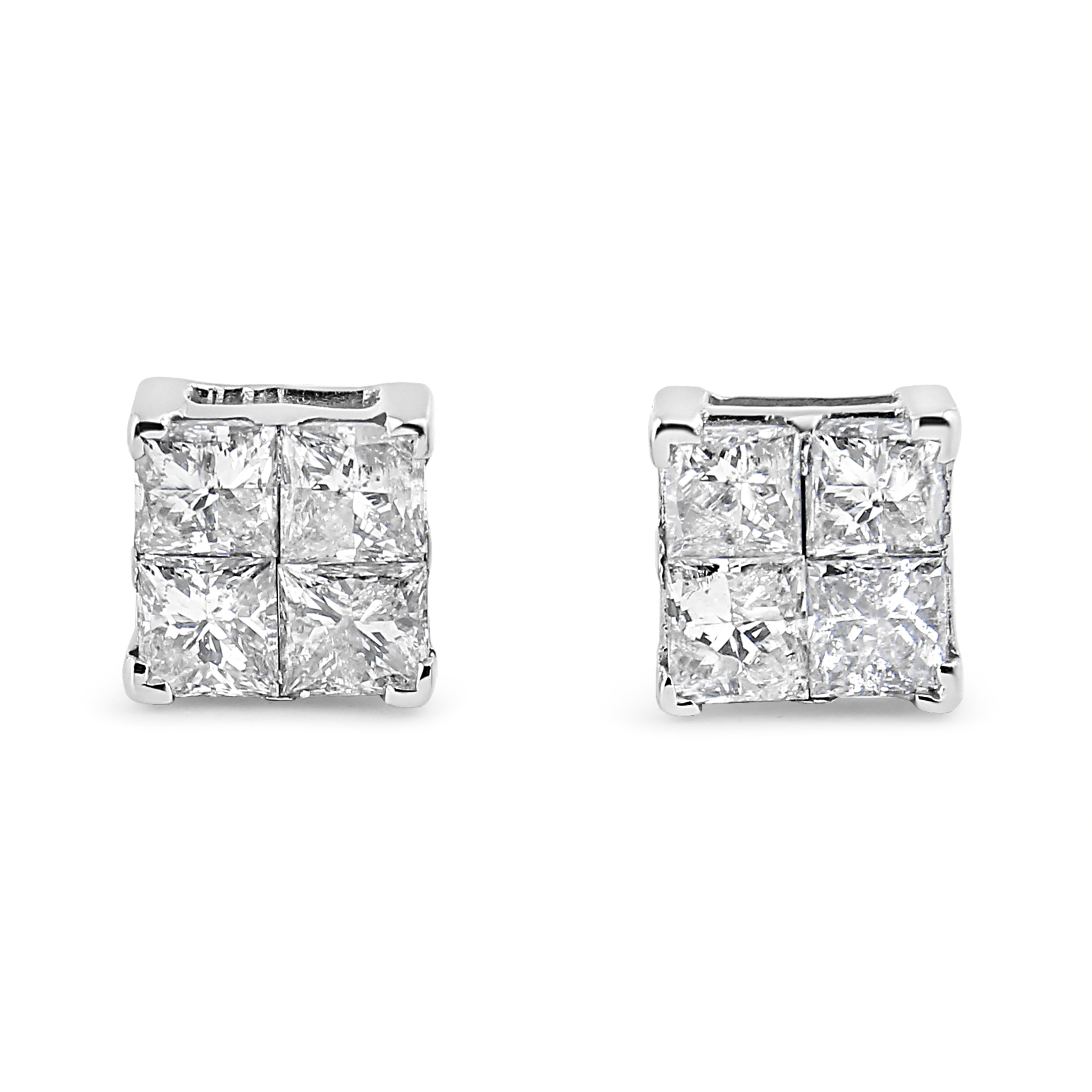 Moderne Clous d'oreilles en or blanc 10 carats avec composite de diamants de forme carrée de 1,0 carat en vente