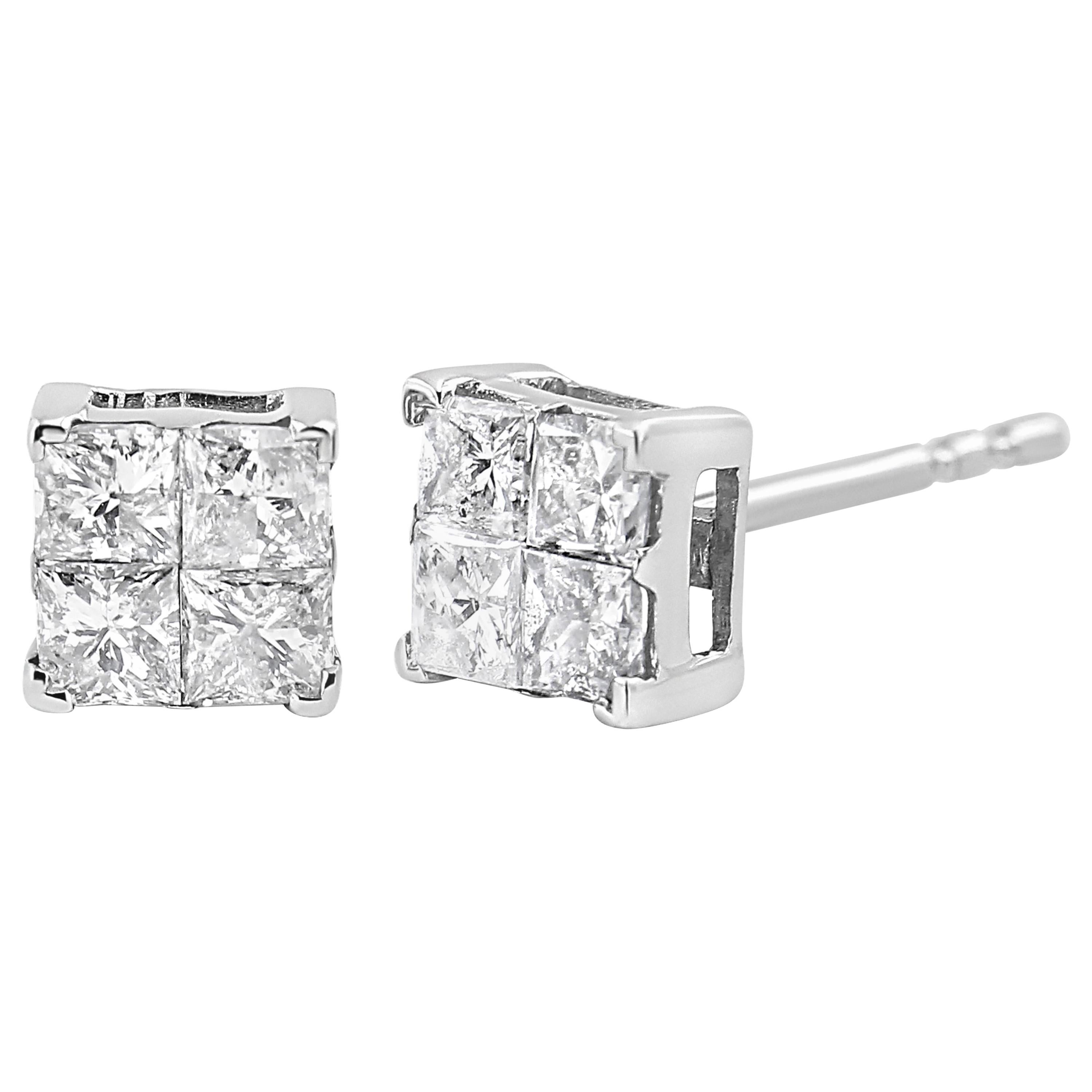 Clous d'oreilles en or blanc 10 carats avec composite de diamants de forme carrée de 1,0 carat en vente