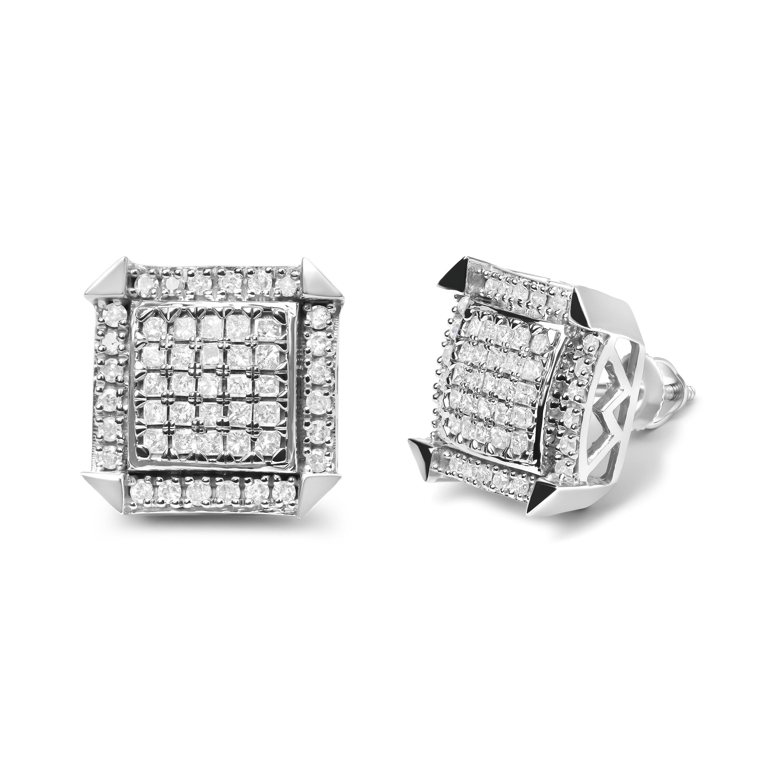 Indulge in the timeless elegance of these 10K white gold stud earrings, boasting a captivating composite design with a halo of sparkling diamonds. The intricate craftsmanship is unparalleled, with 98 natural diamonds set in both invisible and prong