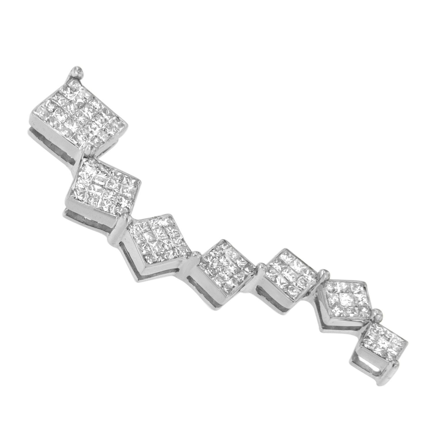 Add shine and a bit of sparkle to your day with this luxurious uniquely shaped pendant. This ten karats white gold snake journey pendant features square mounts that are connected to the corners in a curving design. Each of the squares is covered